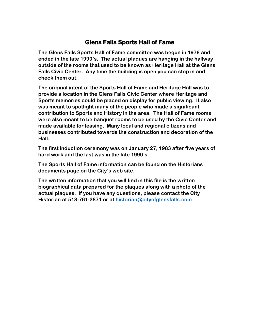 Glens Falls Sports Hall of Fame the Glens Falls Sports Hall of Fame Committee Was Begun in 1978 and Ended in the Late 1990’S