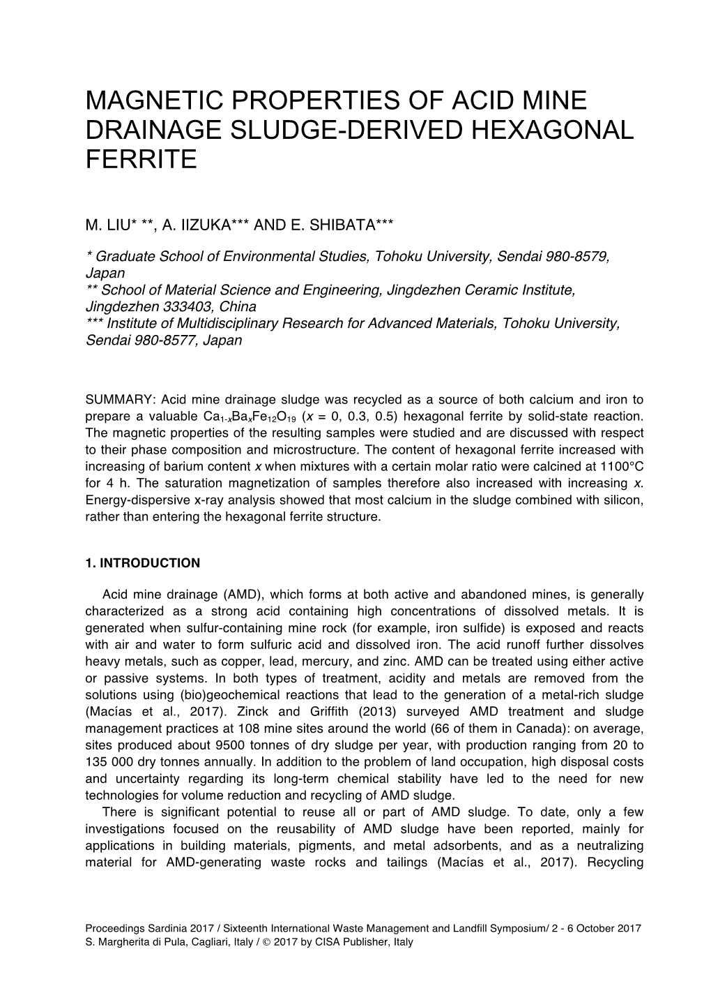 Magnetic Properties of Acid Mine Drainage Sludge-Derived Hexagonal Ferrite