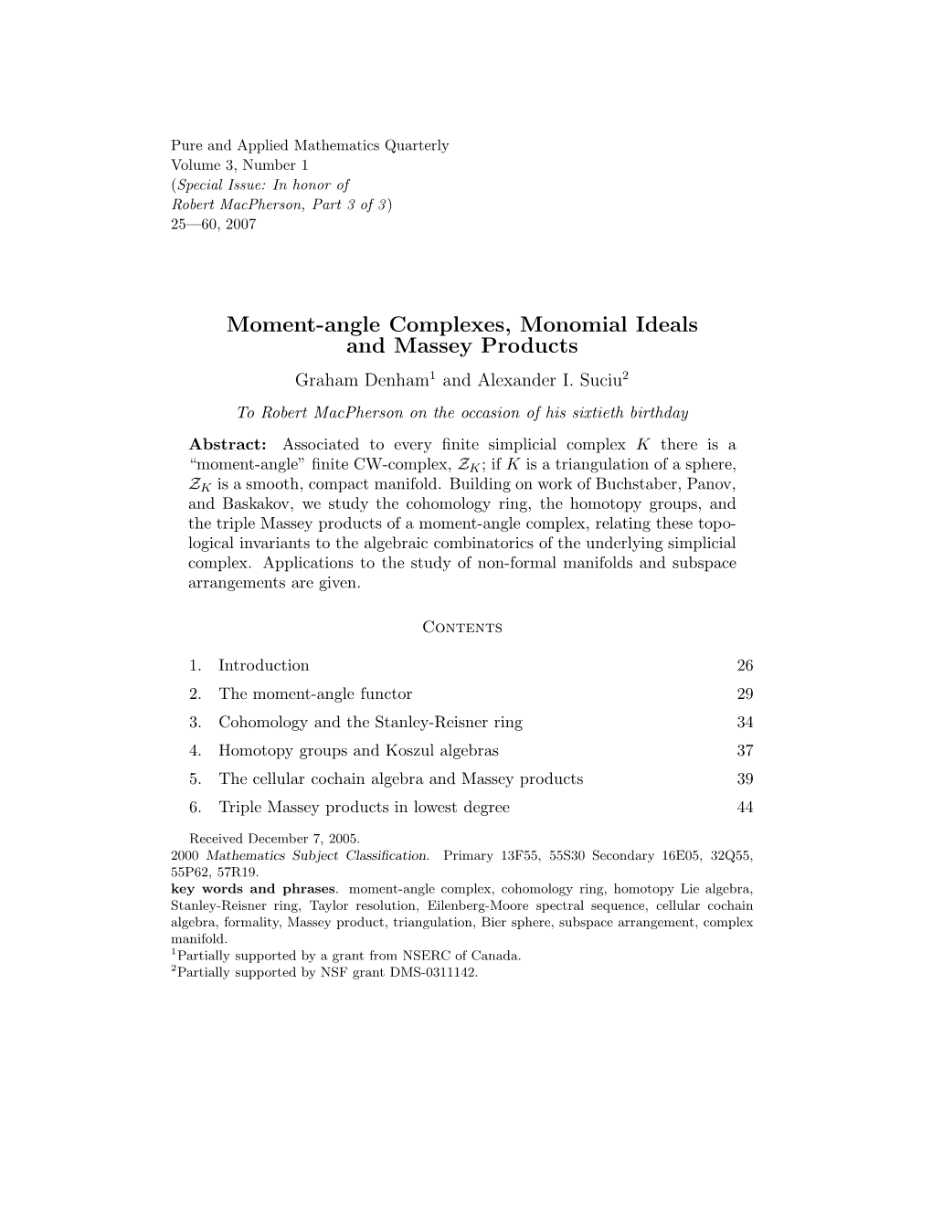 Moment-Angle Complexes, Monomial Ideals and Massey Products Graham Denham1 and Alexander I