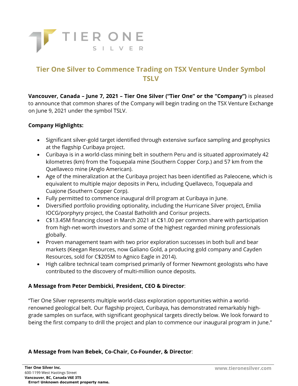 Tier One Silver to Commence Trading on TSX Venture Under Symbol TSLV