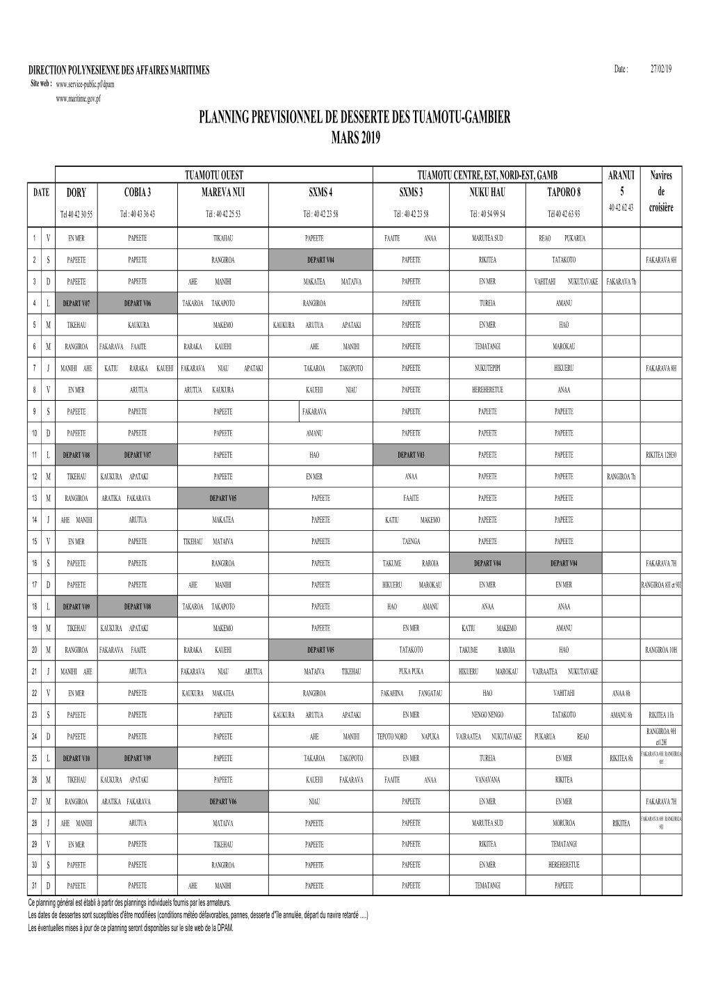 Planning Previsionnel De Desserte Des Tuamotu-Gambier Mars 2019