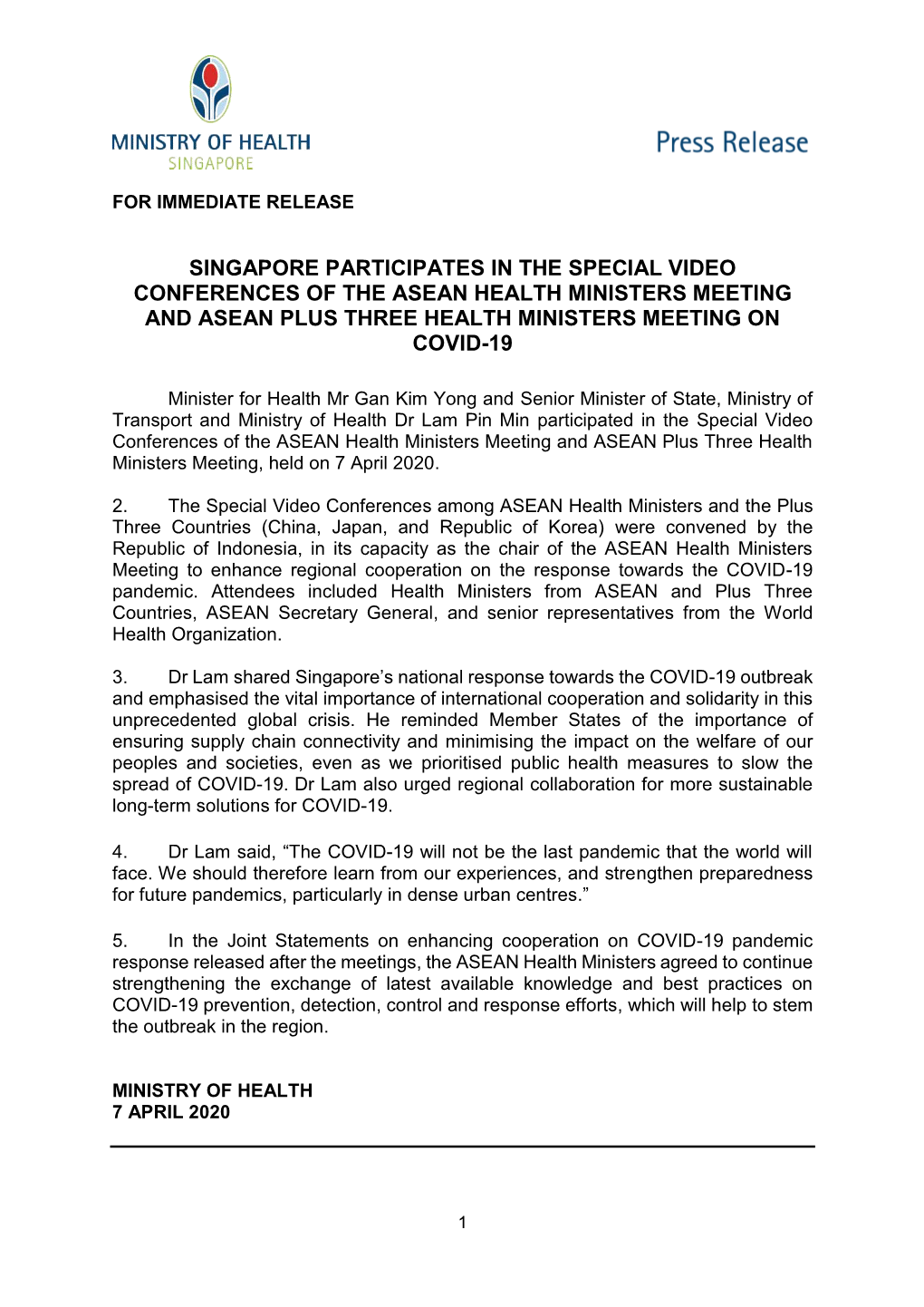 Singapore Participates in the Special Video Conferences of the Asean Health Ministers Meeting and Asean Plus Three Health Ministers Meeting on Covid-19