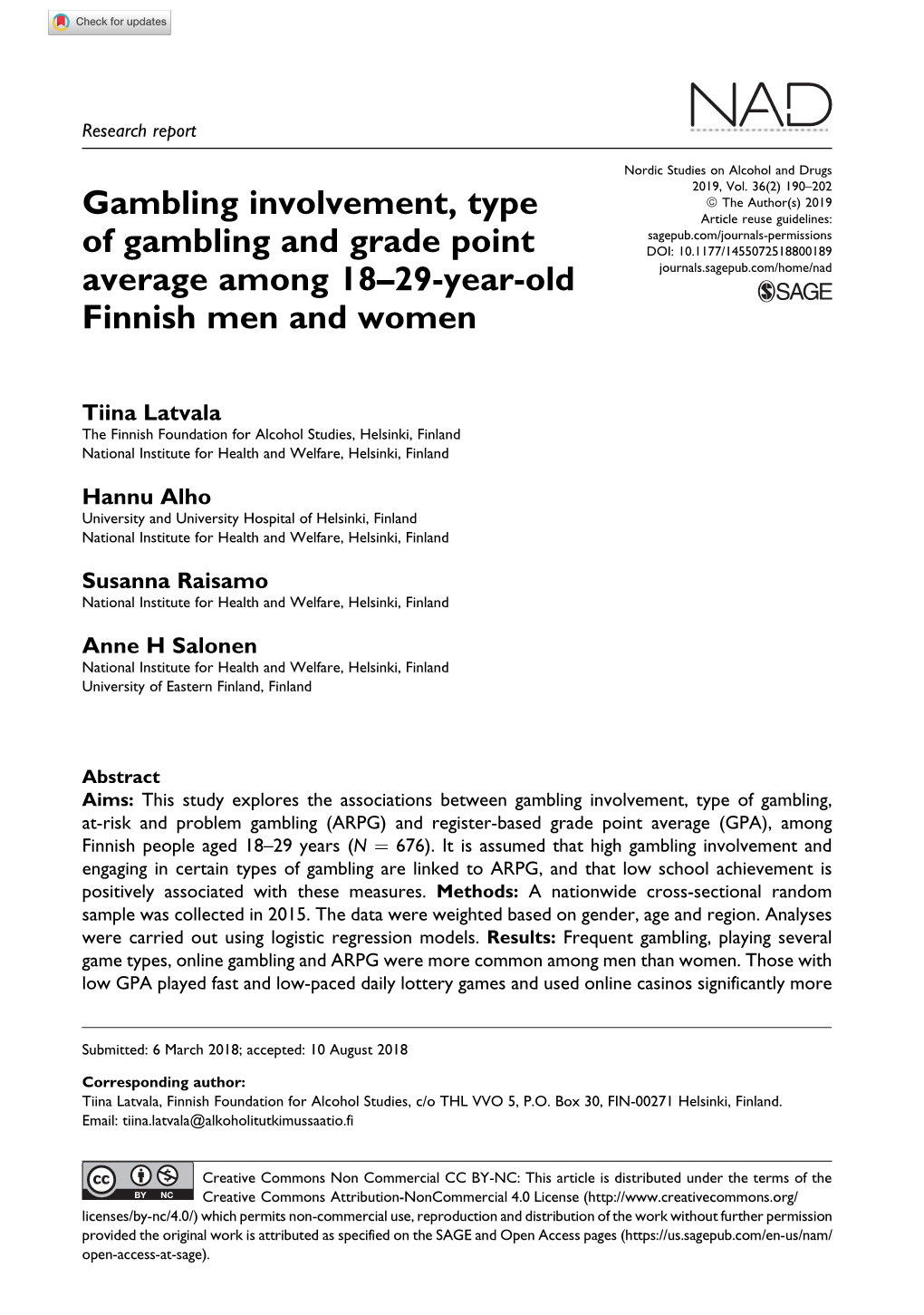 Gambling Involvement, Type of Gambling and Grade Point Average