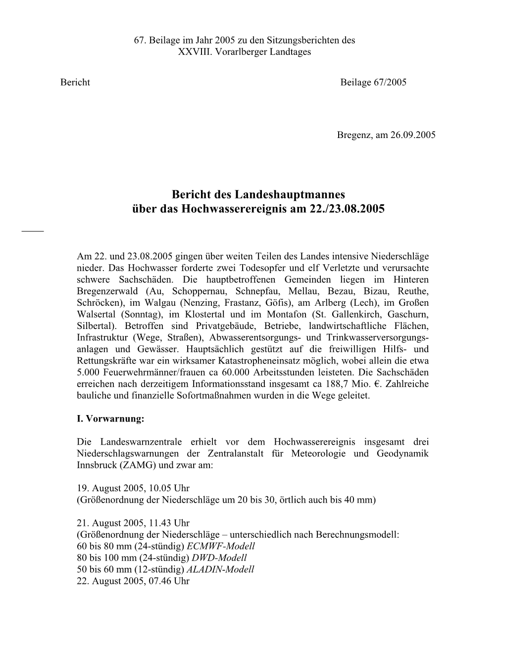 Bericht Des Landeshauptmannes Über Das Hochwasserereignis Am 22./23.08.2005