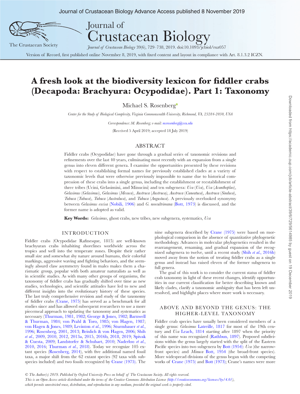 (Decapoda: Brachyura: Ocypodidae). Part 1: Taxonomy Downloaded from by Guest on 19 December 2019