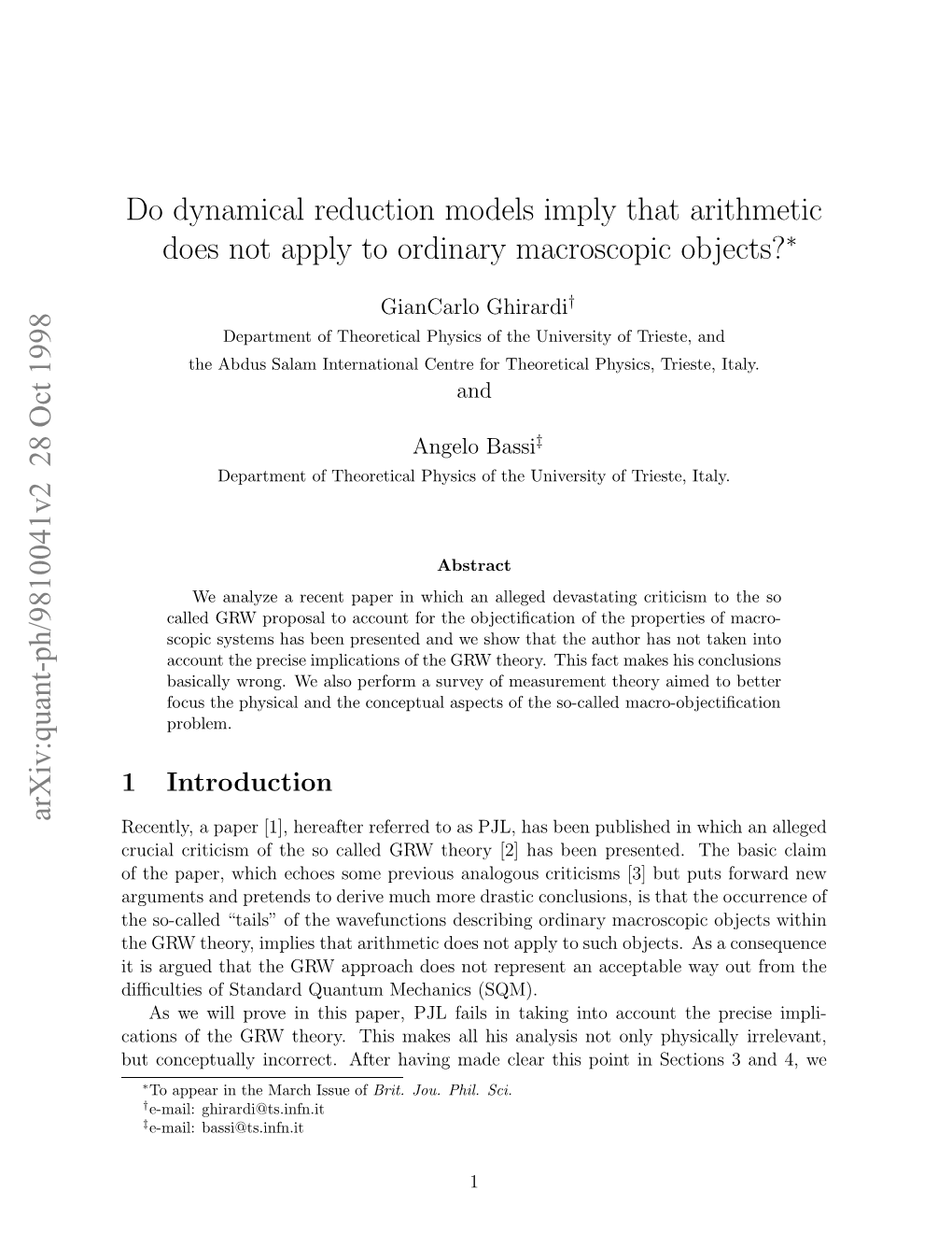 Do Dynamical Reduction Models Imply That Arithmetic Does Not Apply To