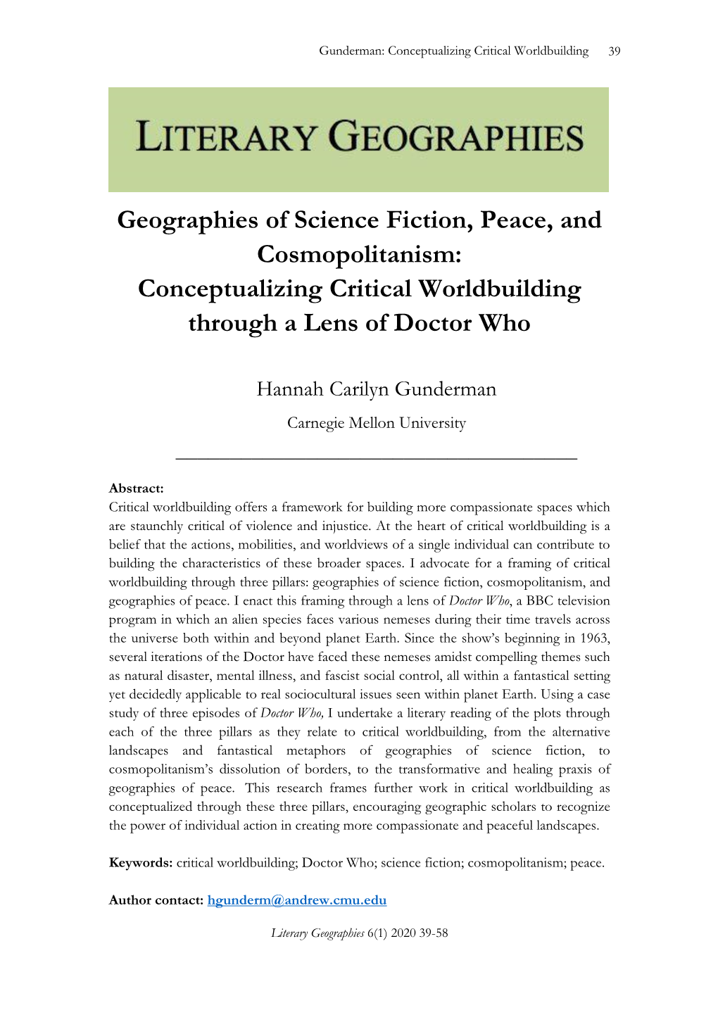 Geographies of Science Fiction, Peace, and Cosmopolitanism: Conceptualizing Critical Worldbuilding Through a Lens of Doctor Who