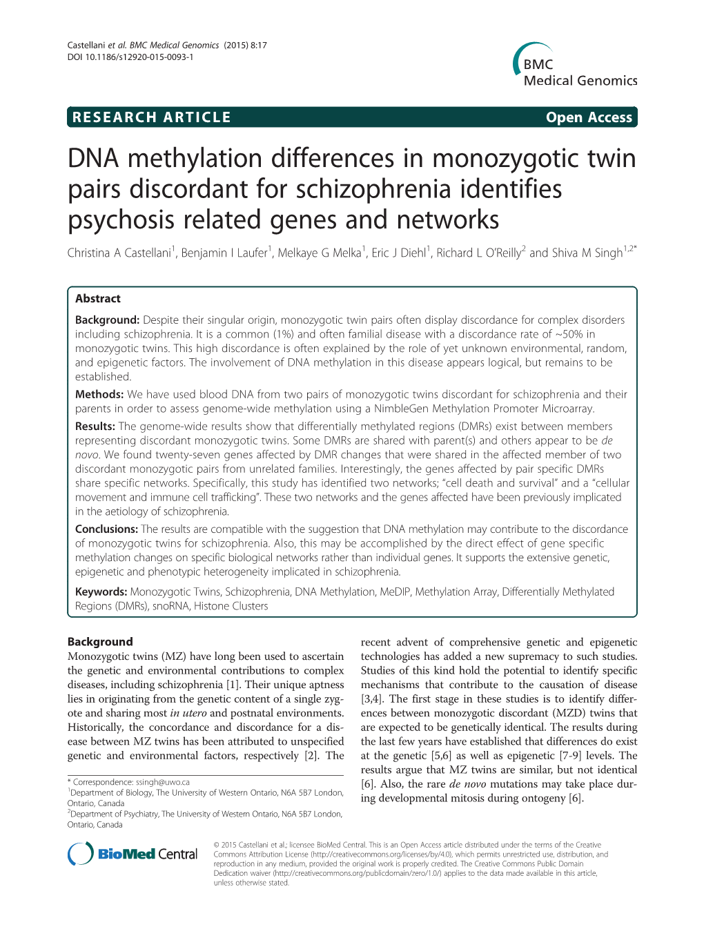 DNA Methylation Differences in Monozygotic Twin Pairs Discordant