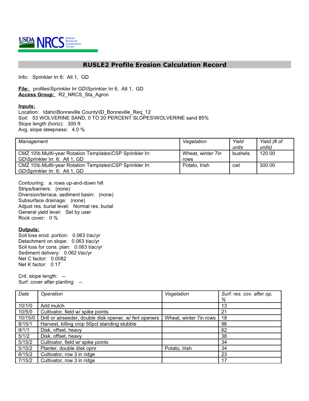 RUSLE2 Profile Erosion Calculation Record s2