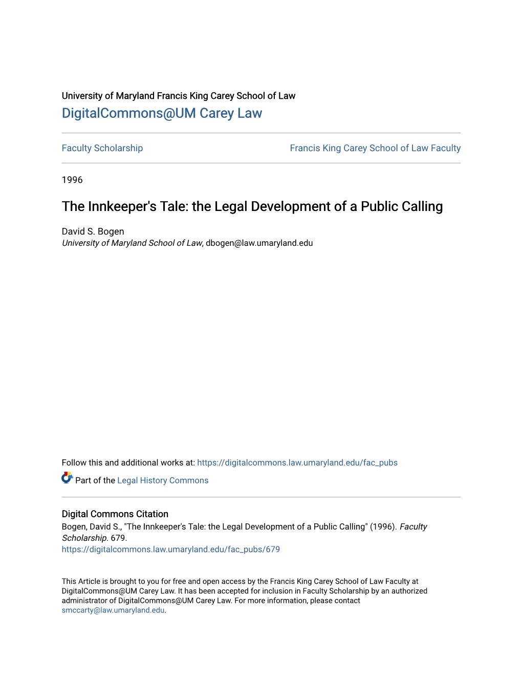 The Innkeeper's Tale: the Legal Development of a Public Calling