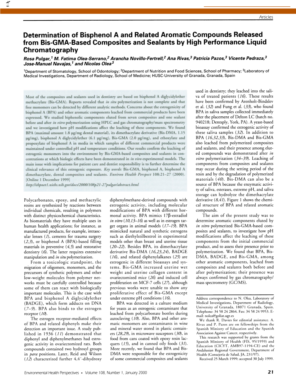 From Bis-GMA-Based Composites and Sealants by High Performance Liquid Chromatography Rosa Pulgar,1 M