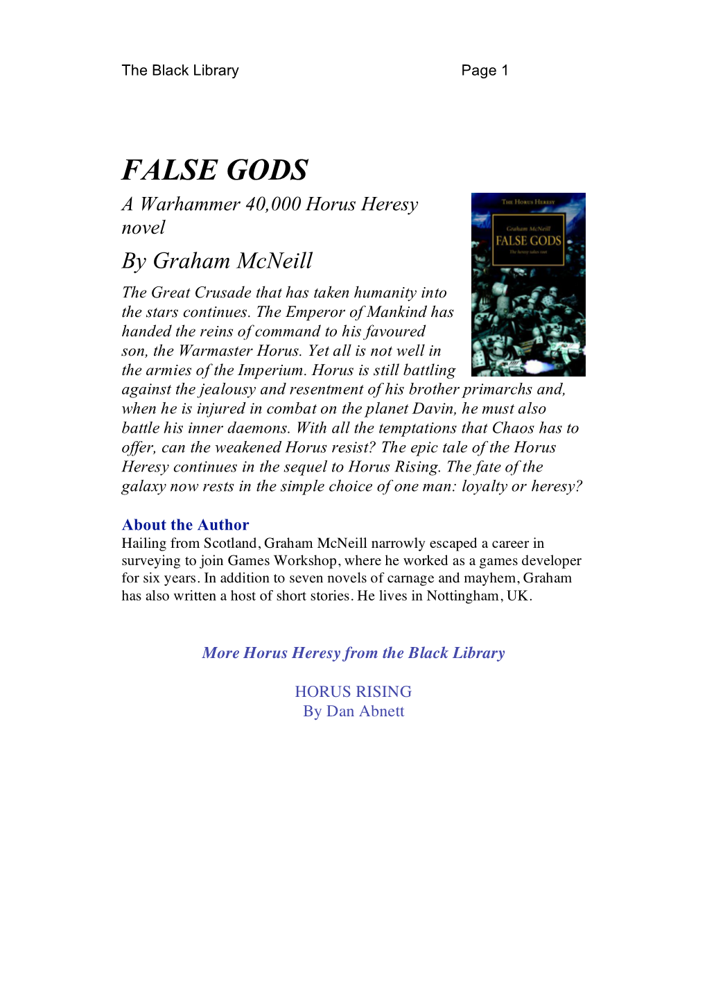 FALSE GODS a Warhammer 40,000 Horus Heresy Novel by Graham Mcneill the Great Crusade That Has Taken Humanity Into the Stars Continues