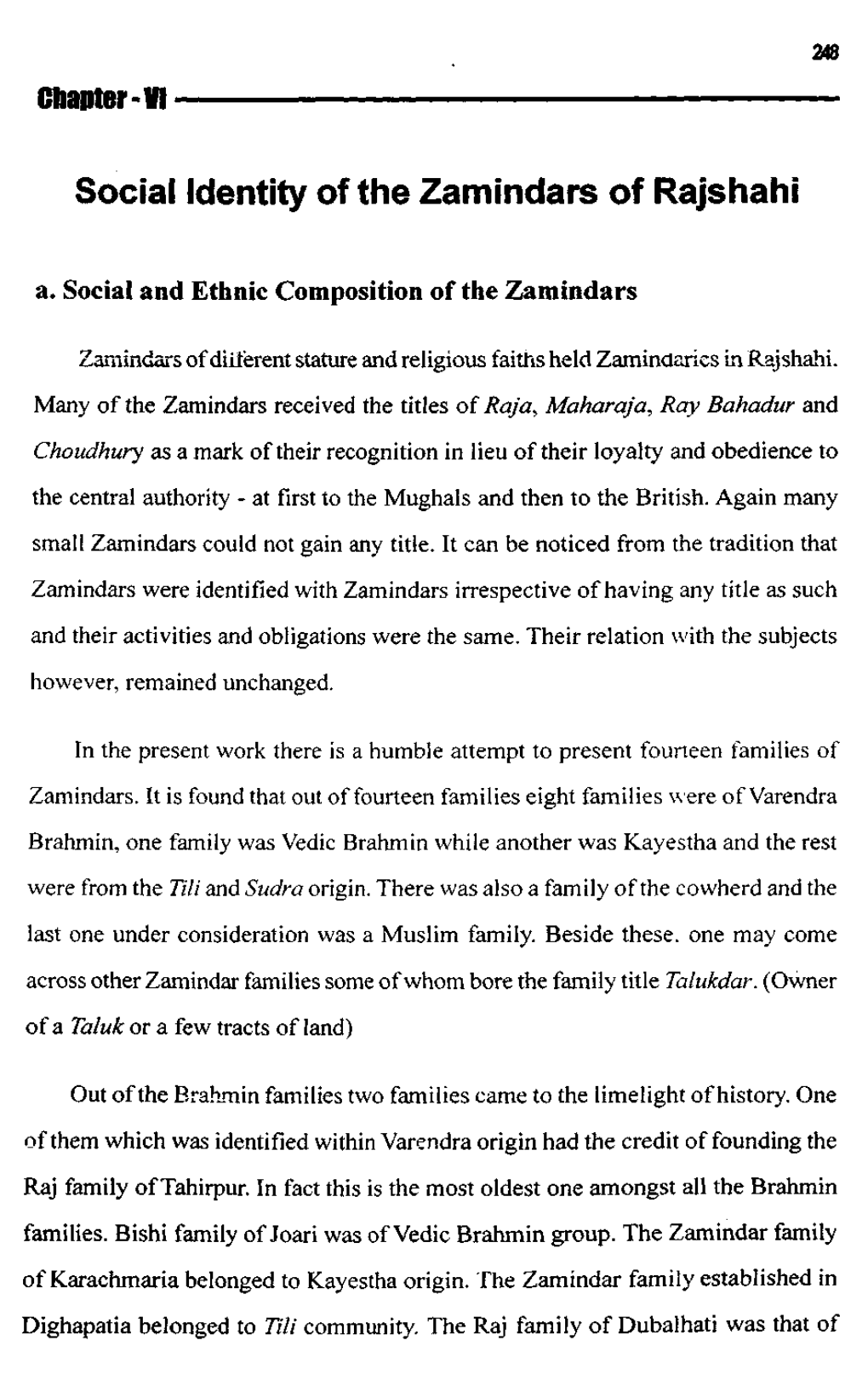 Social Identity of the Zamindars of Rajshahi