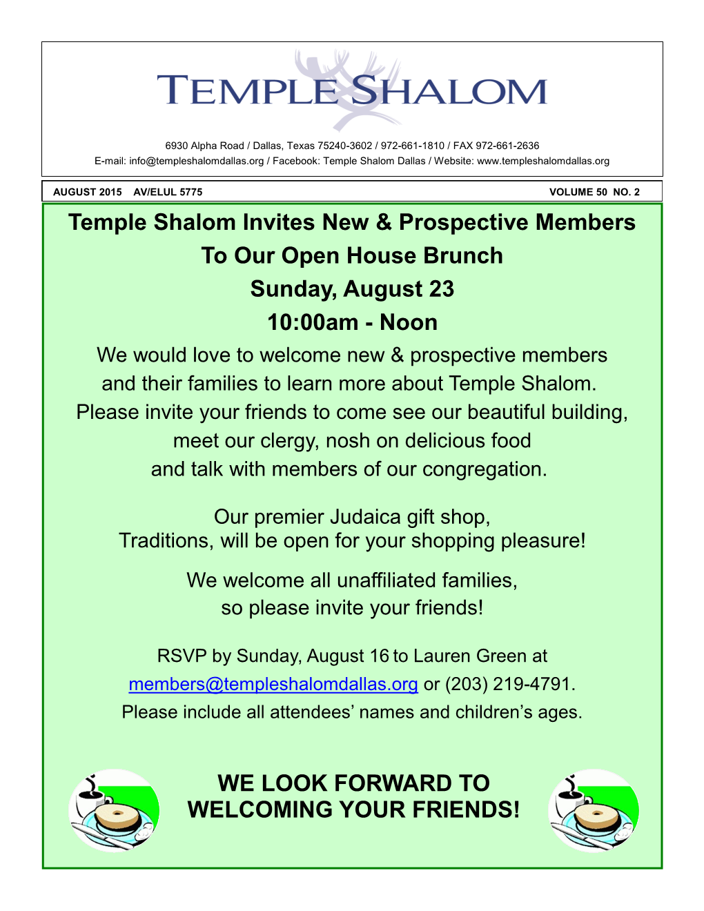Temple Shalom Invites New & Prospective Members to Our Open