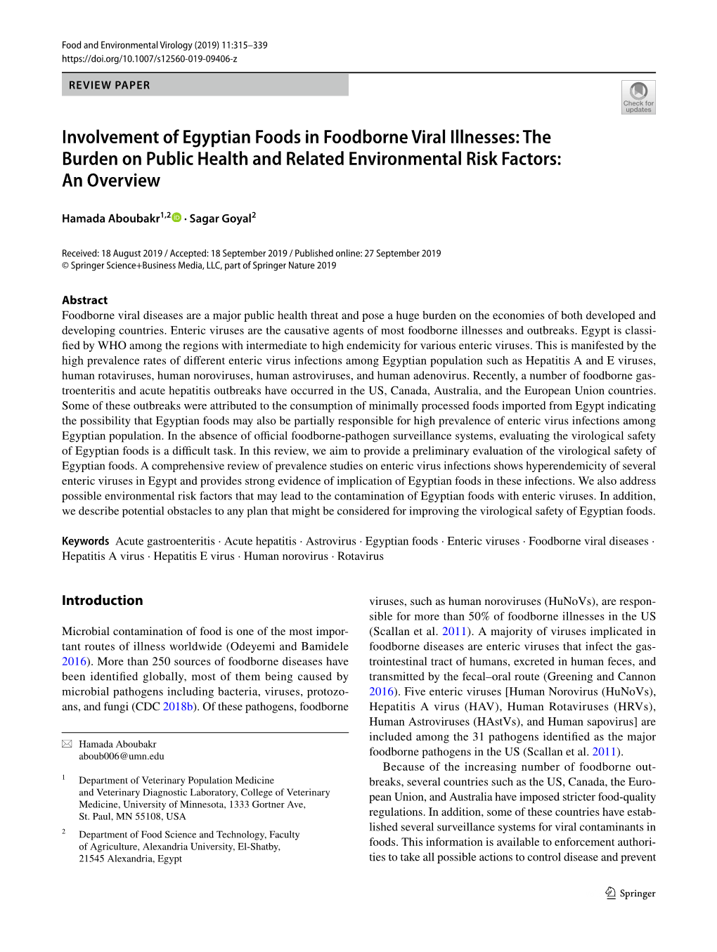 Involvement of Egyptian Foods in Foodborne Viral Illnesses: the Burden on Public Health and Related Environmental Risk Factors: an Overview