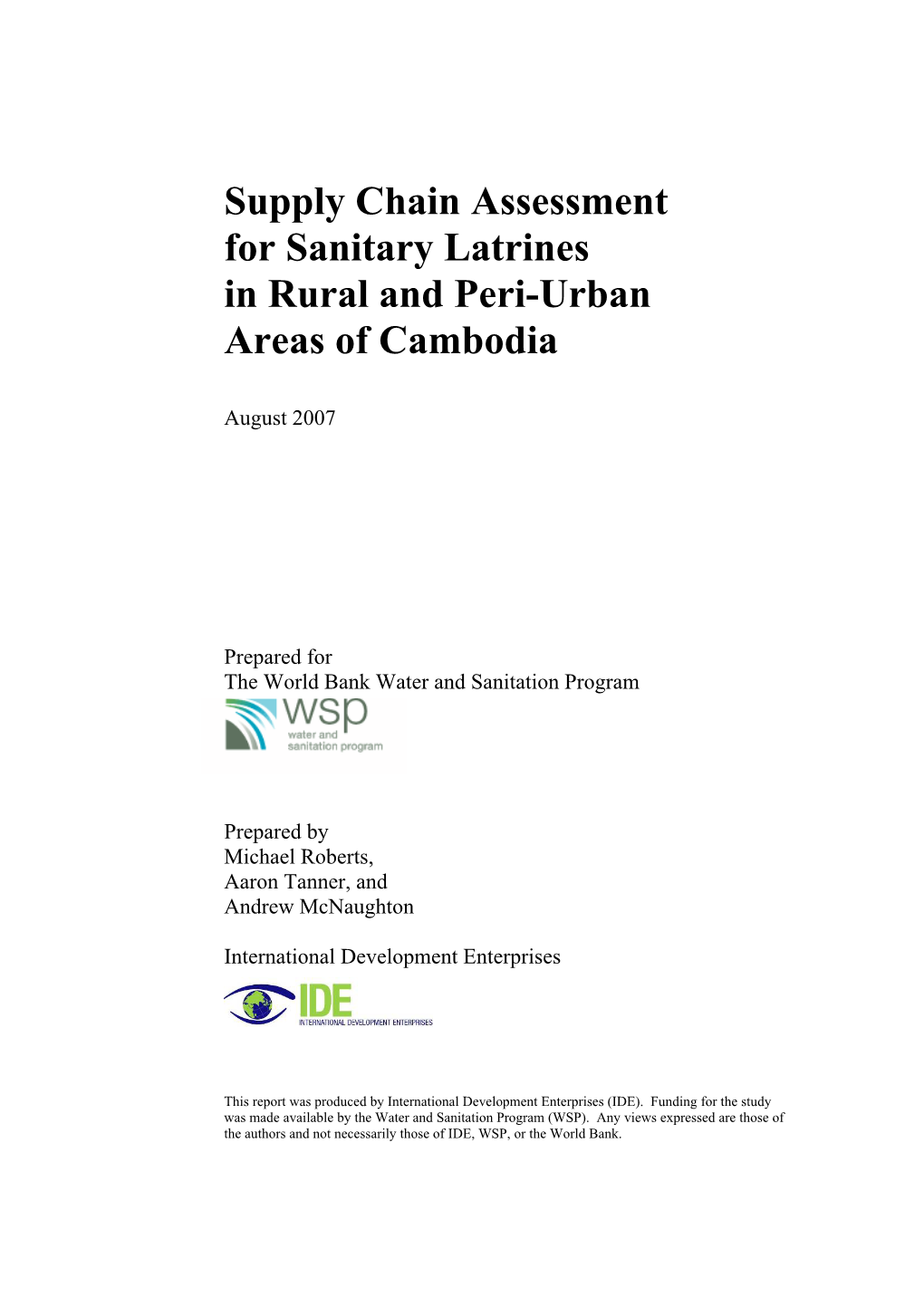 Supply Chain Assessment for Sanitary Latrines in Rural and Peri-Urban Areas of Cambodia