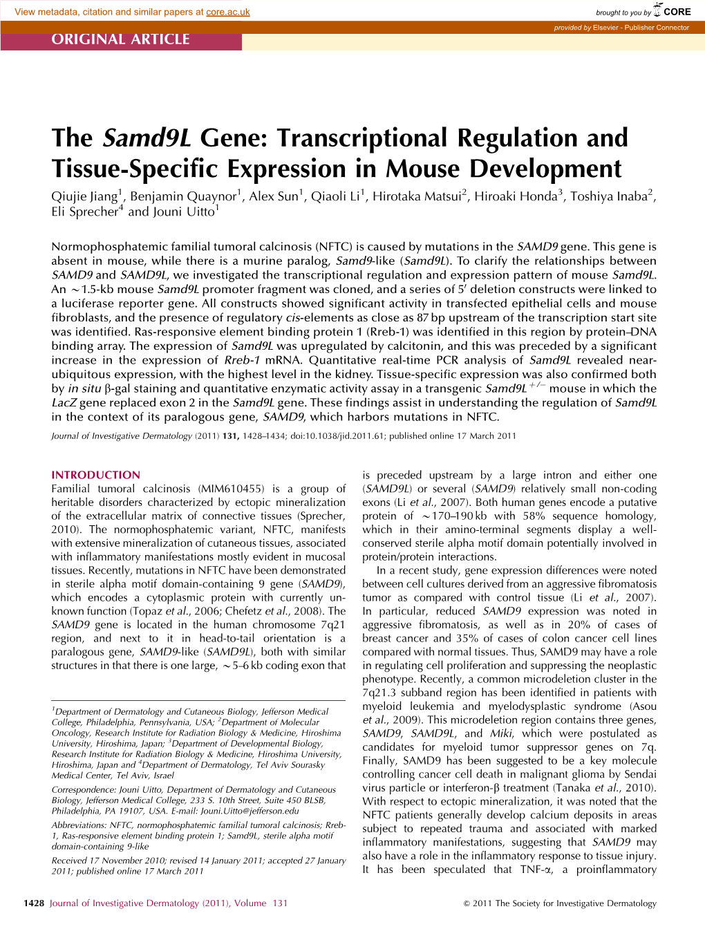 The Samd9l Gene: Transcriptional Regulation and Tissue-Specific