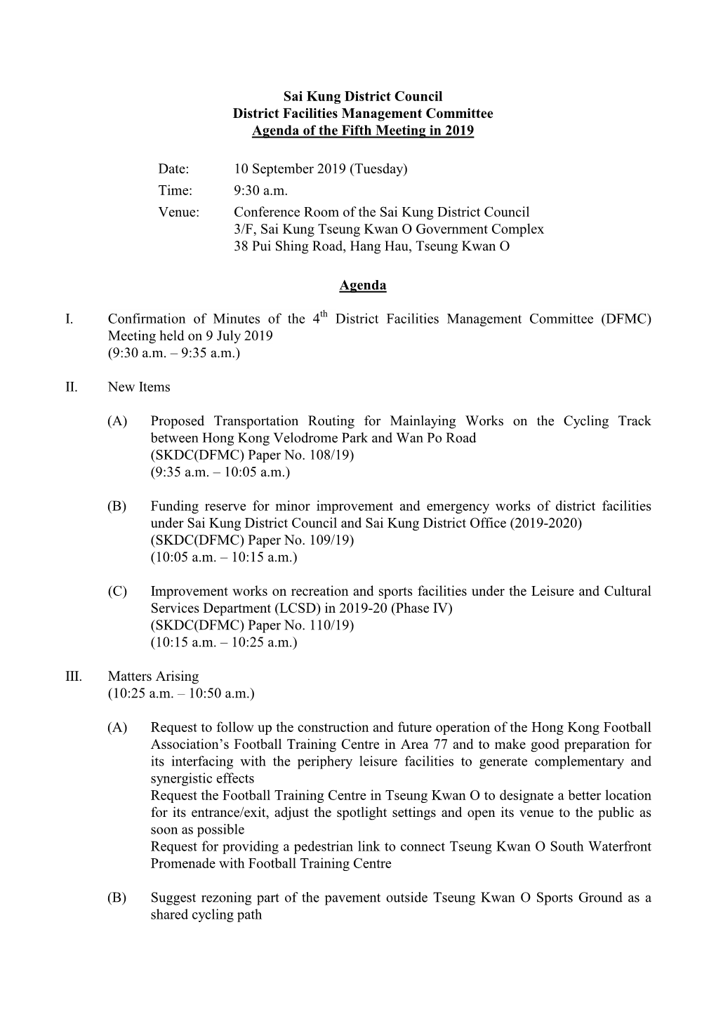 Sai Kung District Council District Facilities Management Committee Agenda of the Fifth Meeting in 2019