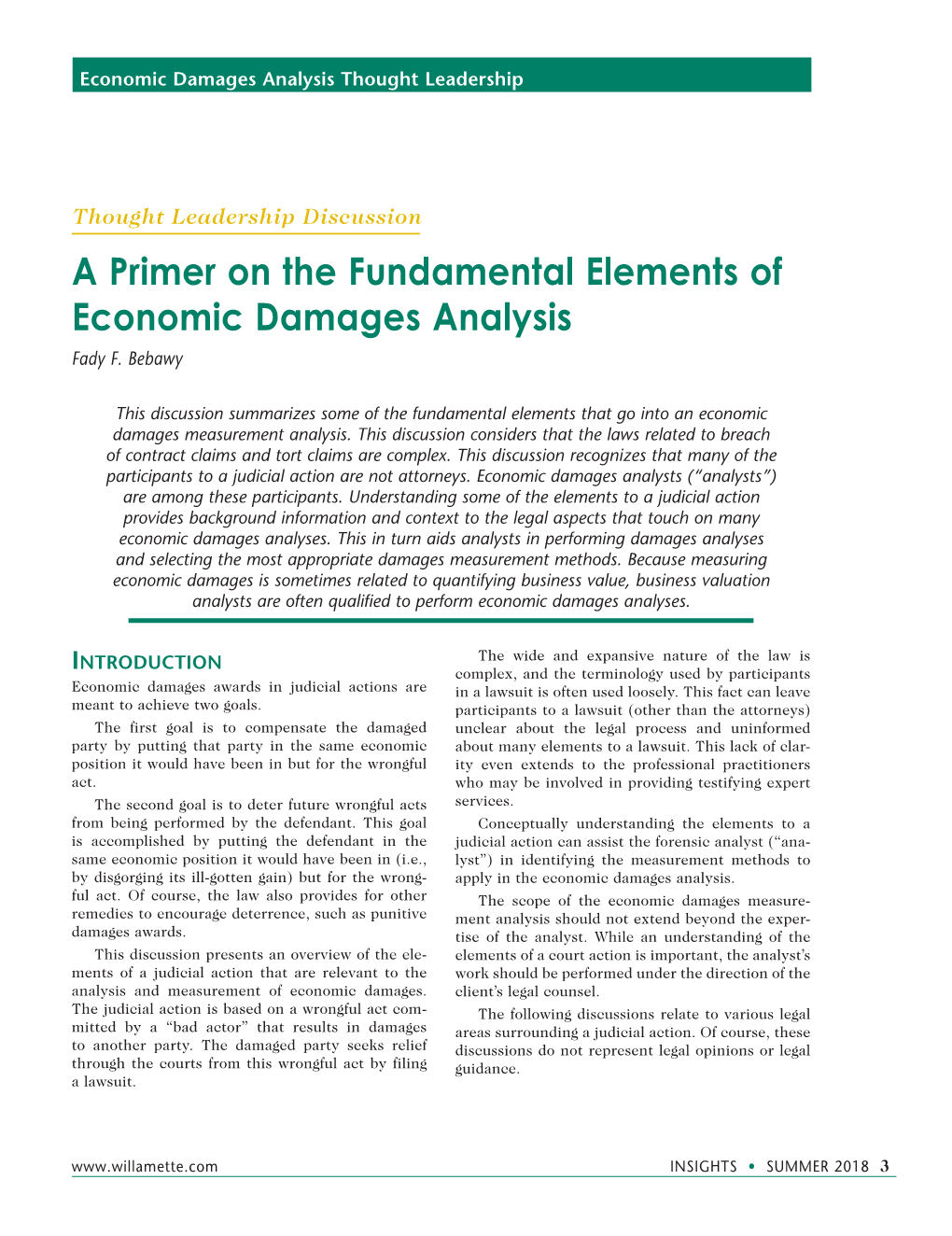 A Primer on the Fundamental Elements of Economic Damages Analysis Fady F