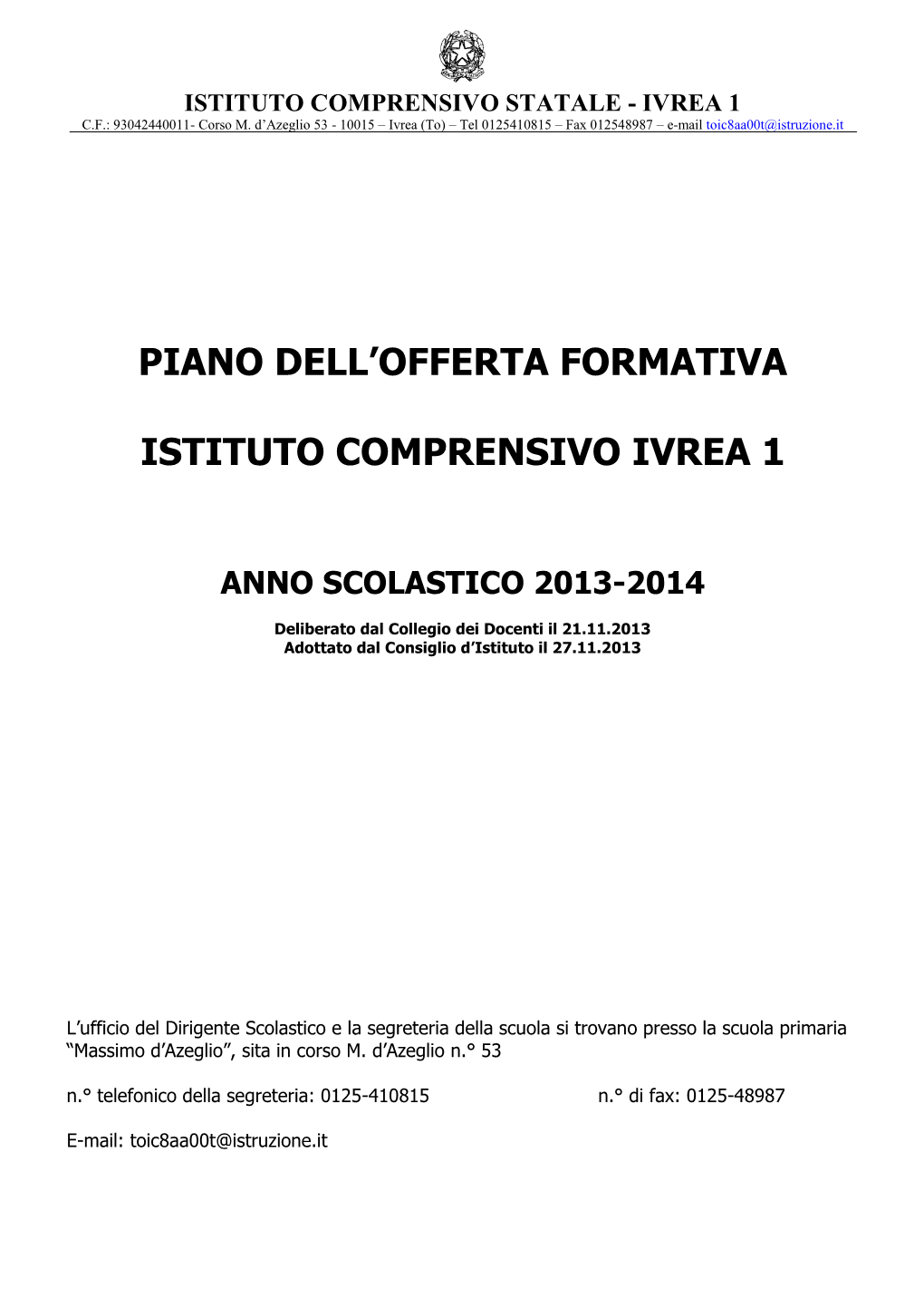 Piano Dell'offerta Formativa Istituto Comprensivo Ivrea 1