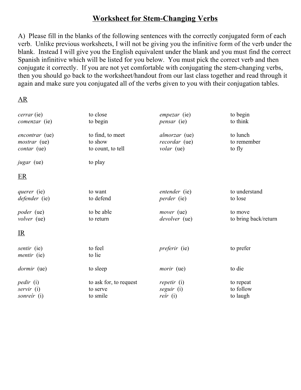 Worksheet for Stem-Changing Verbs