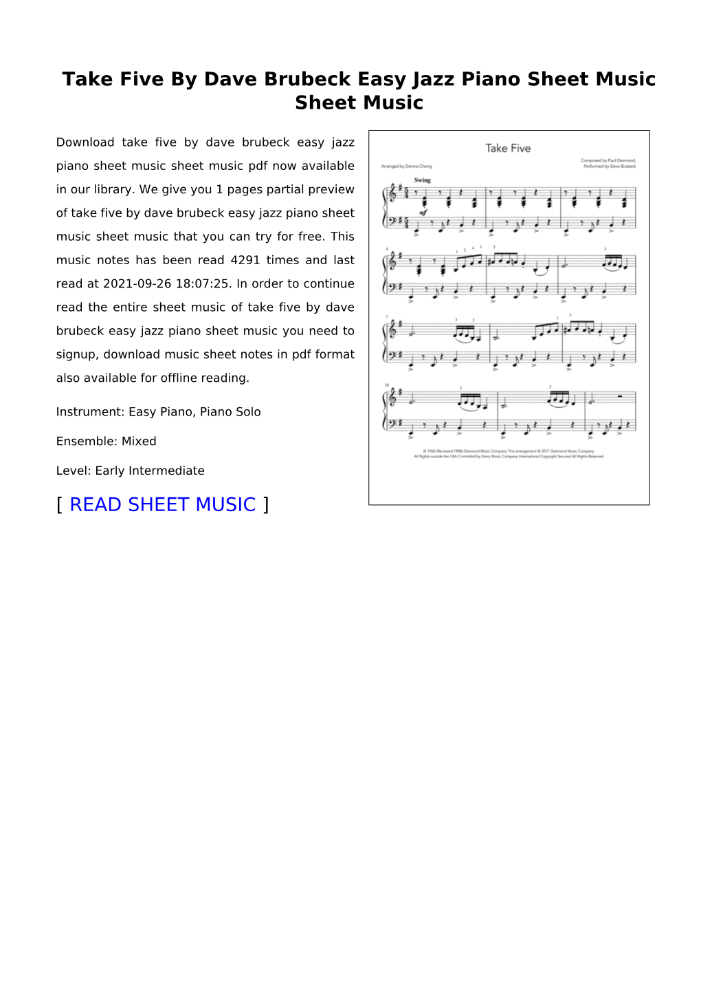 Take Five by Dave Brubeck Easy Jazz Piano Sheet Music Sheet Music