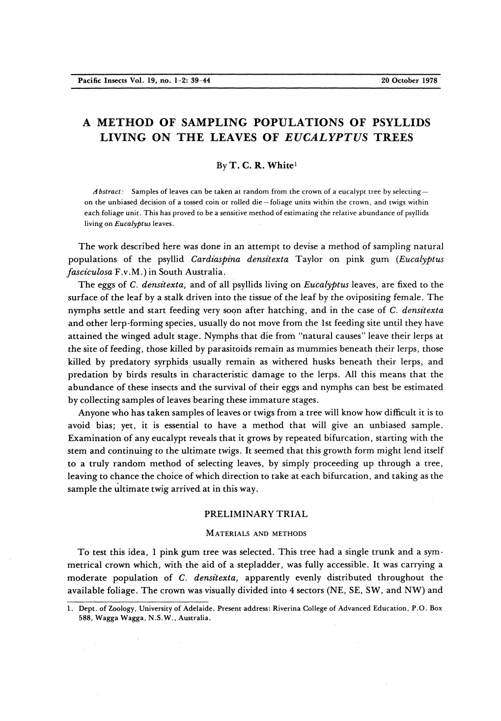 A Method of Sampling Populations of Psyllids Living on the Leaves of Eucalyptus Trees