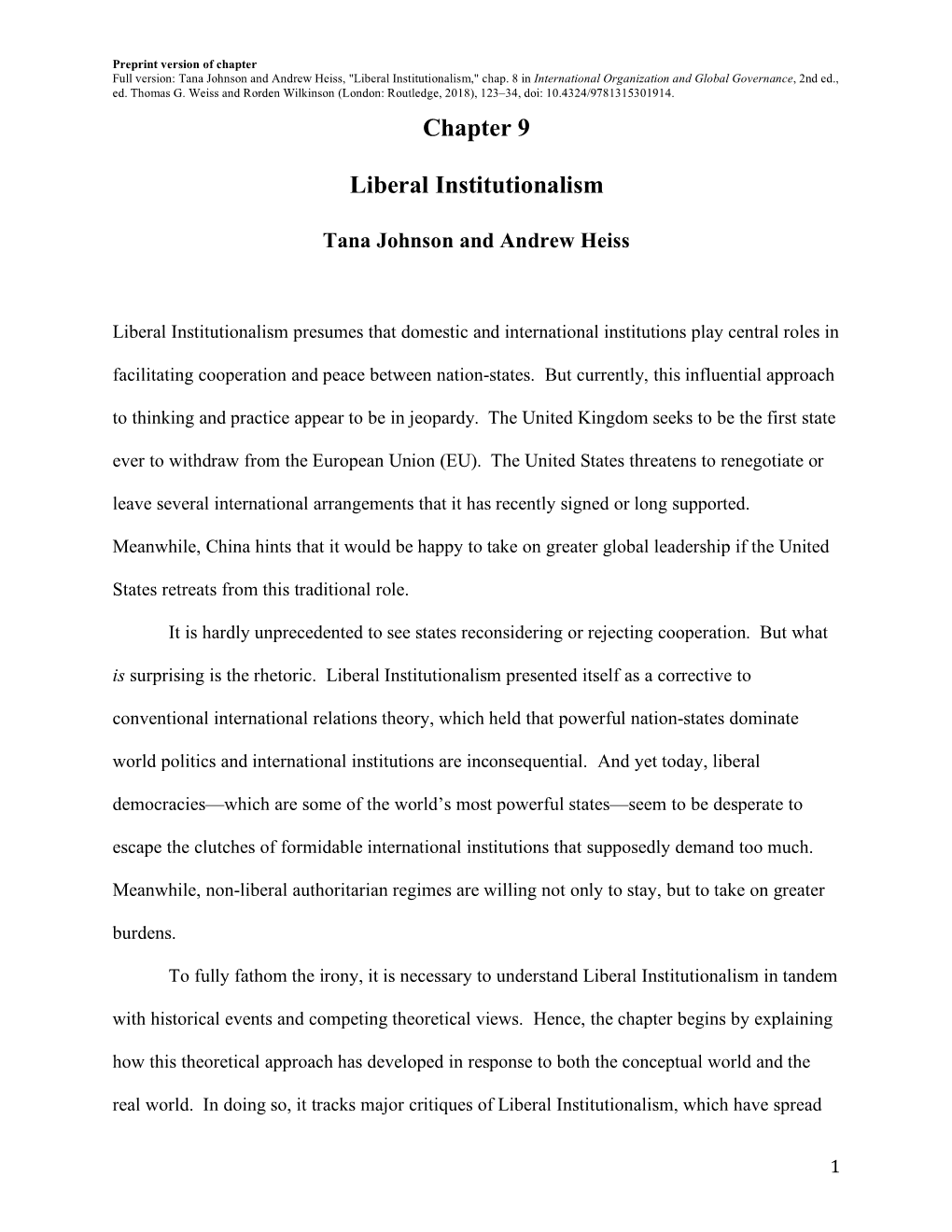 Chapter 9 Liberal Institutionalism