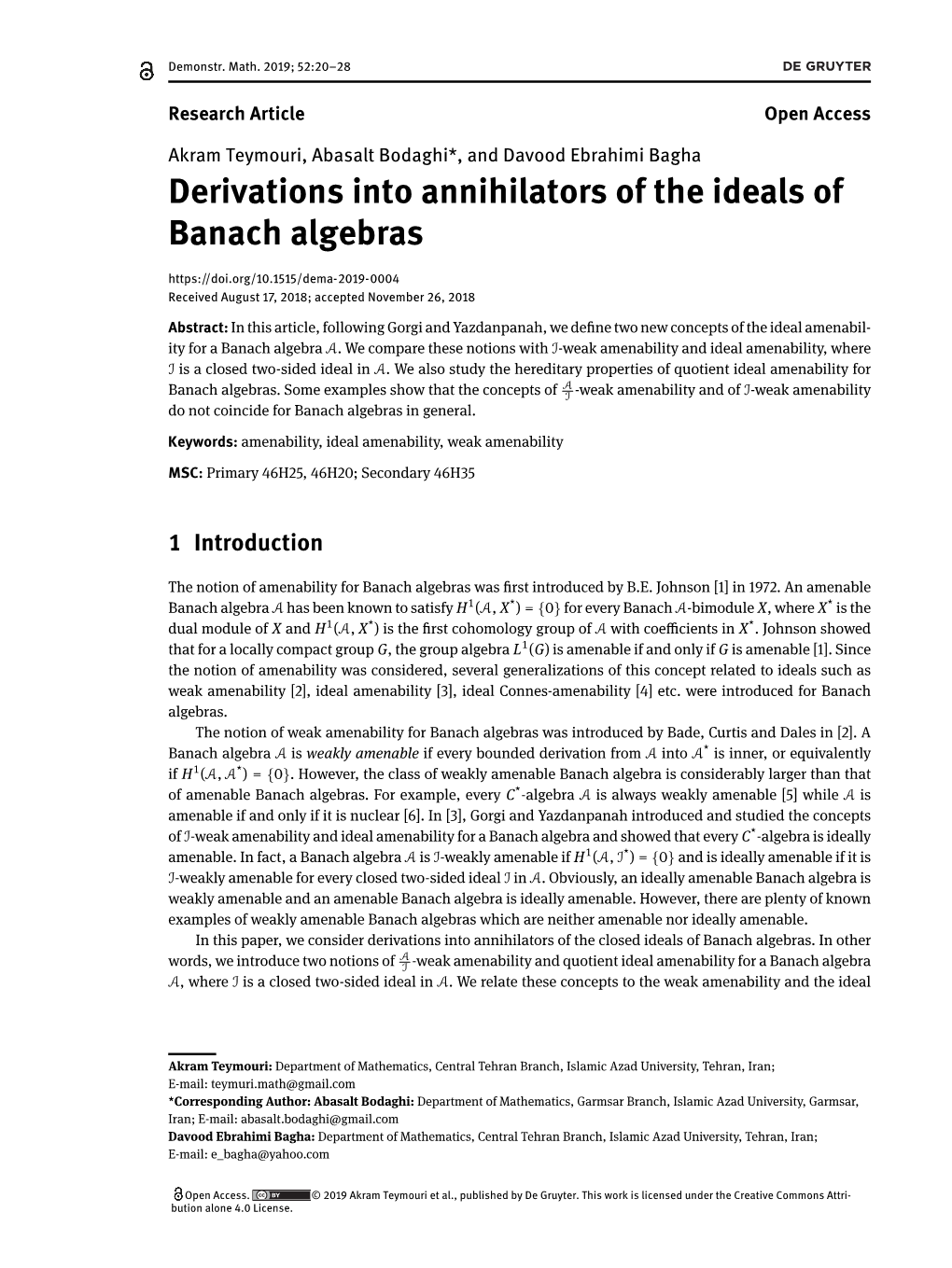 Derivations Into Annihilators of the Ideals of Banach Algebras Received August 17, 2018; Accepted November 26, 2018