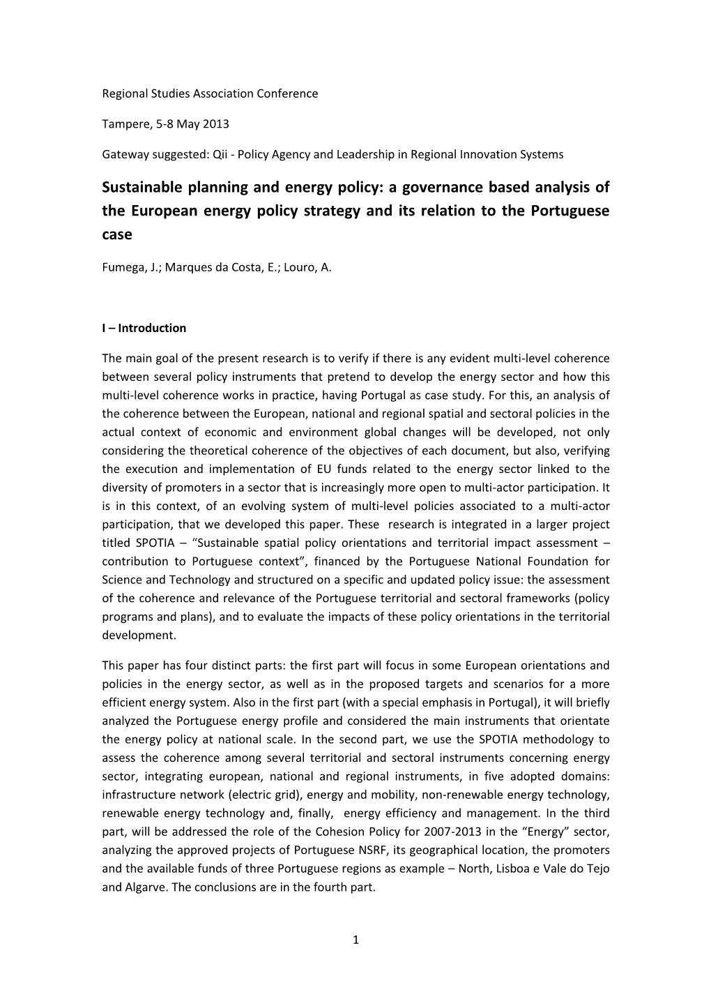 Sustainable Planning and Energy Policy: a Governance Based Analysis of the European Energy Policy Strategy and Its Relation to the Portuguese Case
