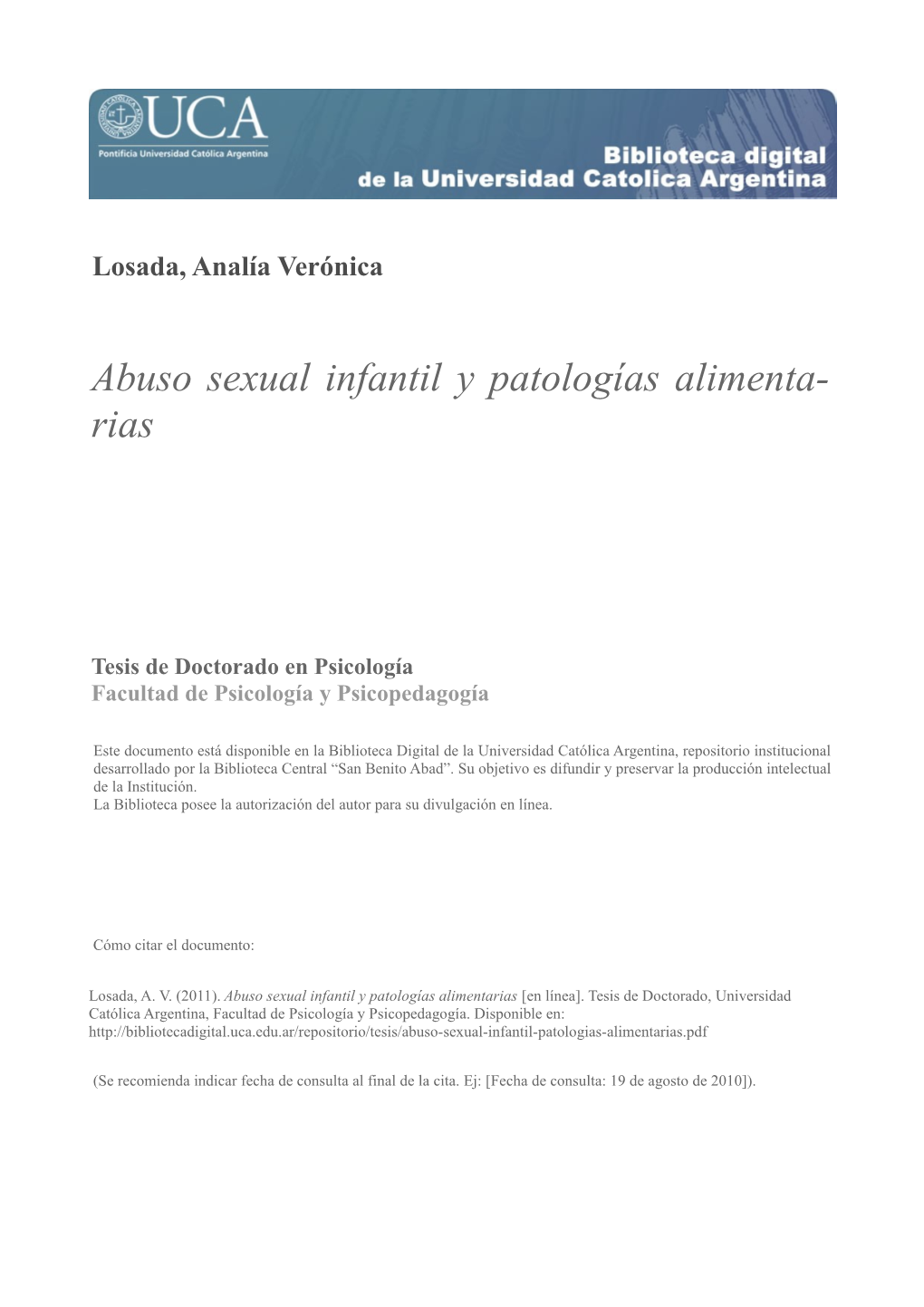 Abuso Sexual Infantil Y Patologías Alimentarias [En Línea]