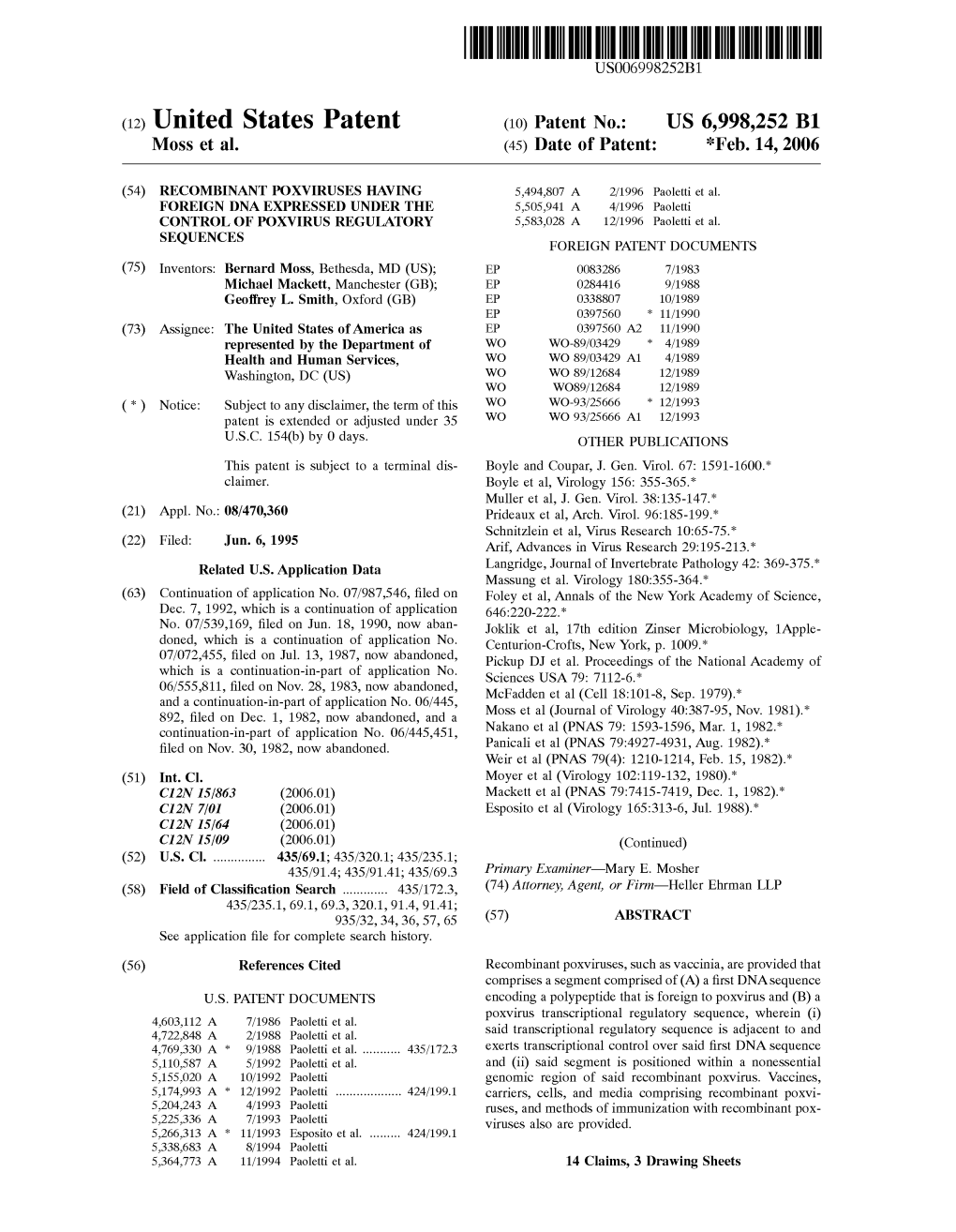 (12) United States Patent (10) Patent No.: US 6,998,252 B1 MOSS Et Al