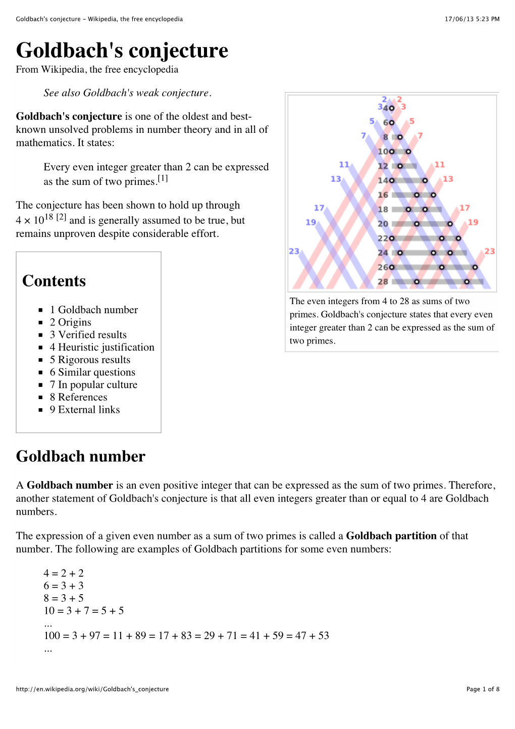 Goldbach's Conjecture - Wikipedia, the Free Encyclopedia 17/06/13 5:23 PM Goldbach's Conjecture from Wikipedia, the Free Encyclopedia
