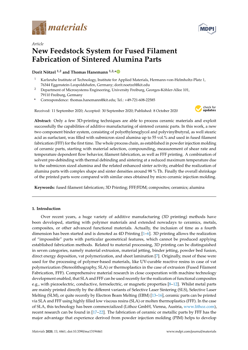 New Feedstock System for Fused Filament Fabrication of Sintered Alumina Parts