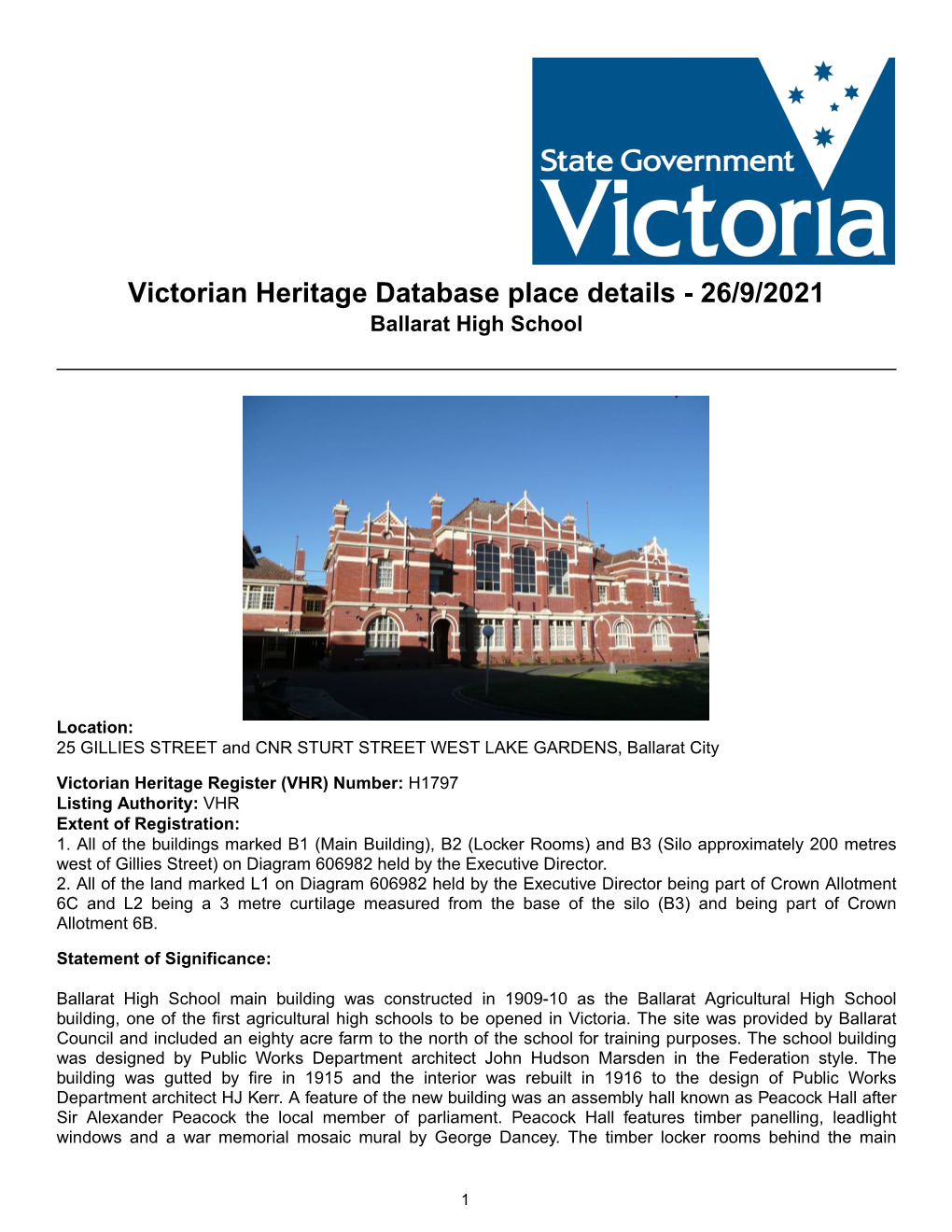 Victorian Heritage Database Place Details - 26/9/2021 Ballarat High School
