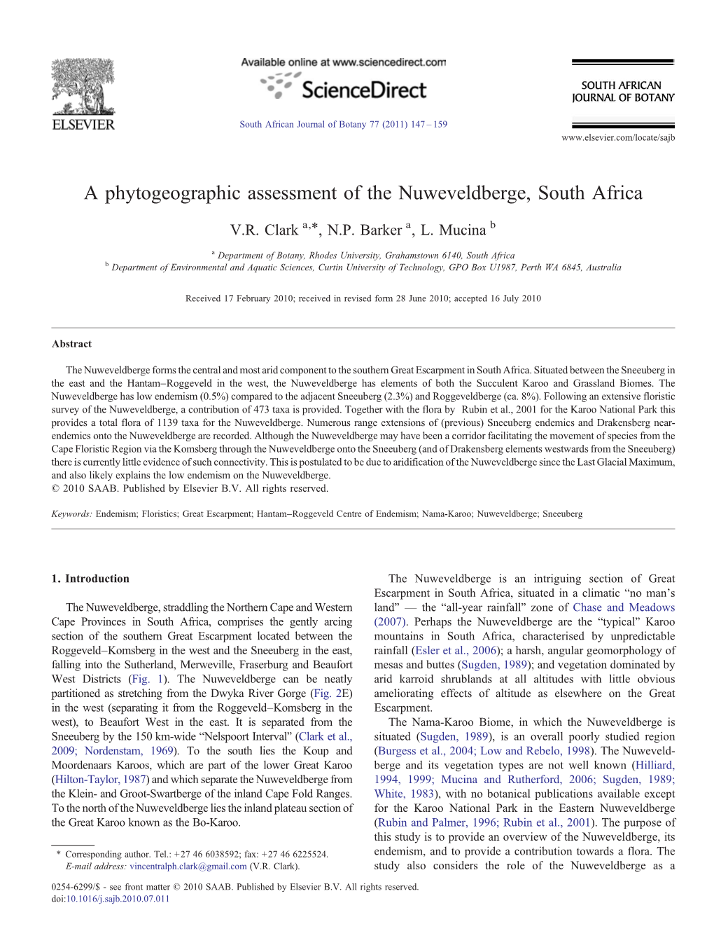 A Phytogeographic Assessment of the Nuweveldberge, South Africa ⁎ V.R