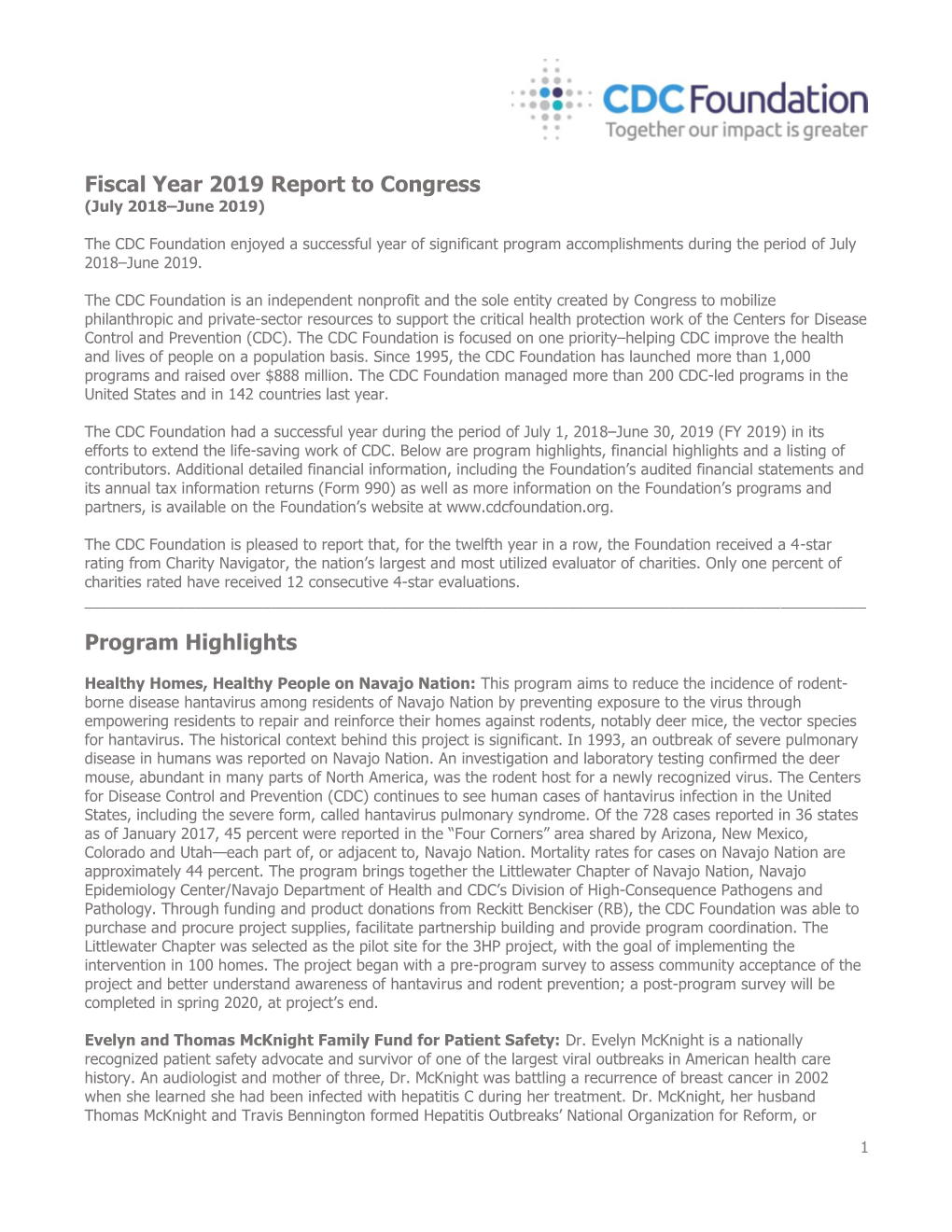 Fiscal Year 2019 Report to Congress Program Highlights