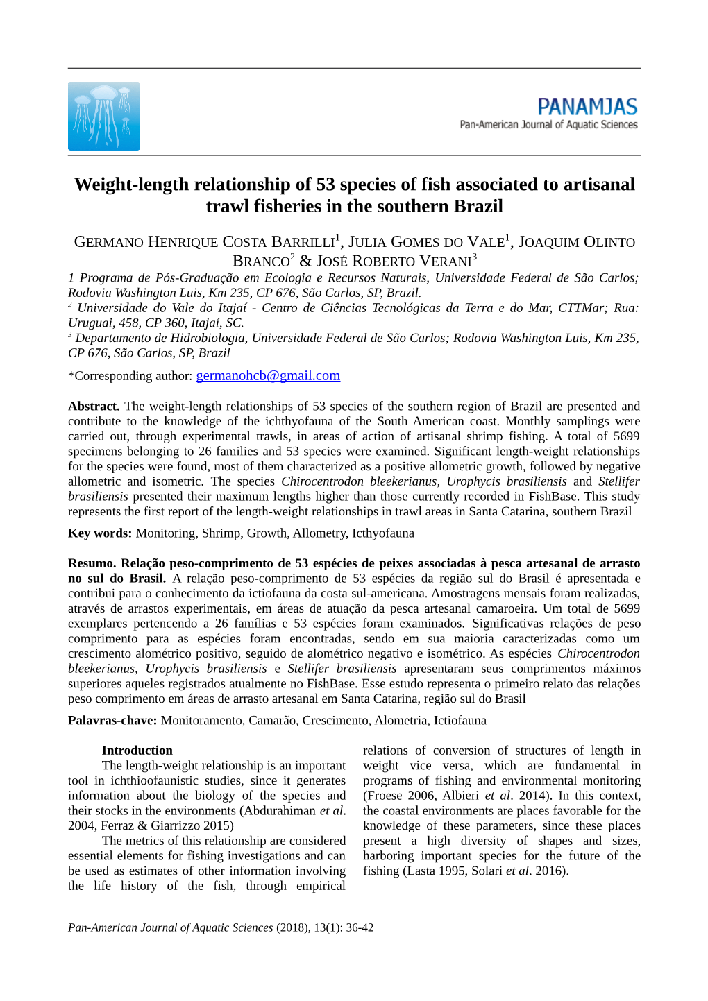 Weight-Length Relationship of 53 Species of Fish Associated to Artisanal Trawl Fisheries in the Southern Brazil