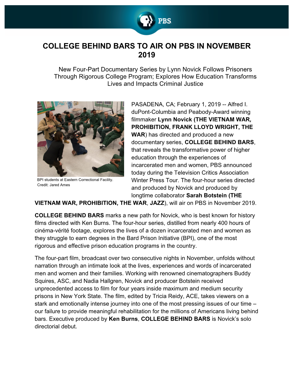 College Behind Bars to Air on Pbs in November 2019