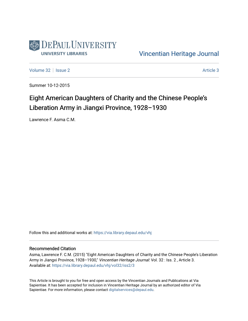 Eight American Daughters of Charity and the Chinese People's