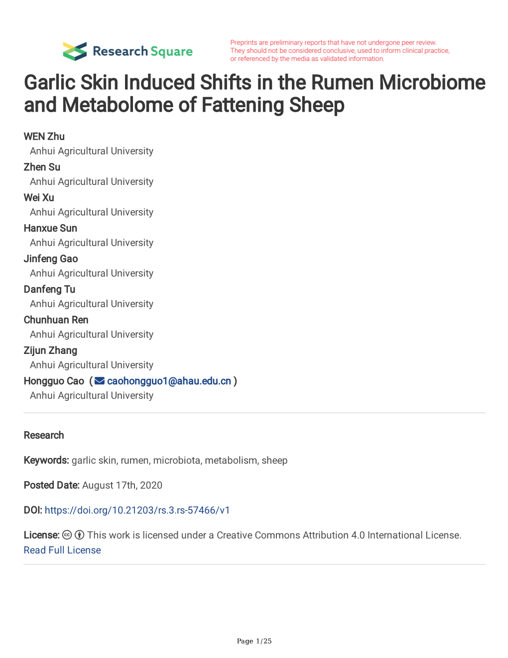 Garlic Skin Induced Shifts in the Rumen Microbiome and Metabolome of Fattening Sheep