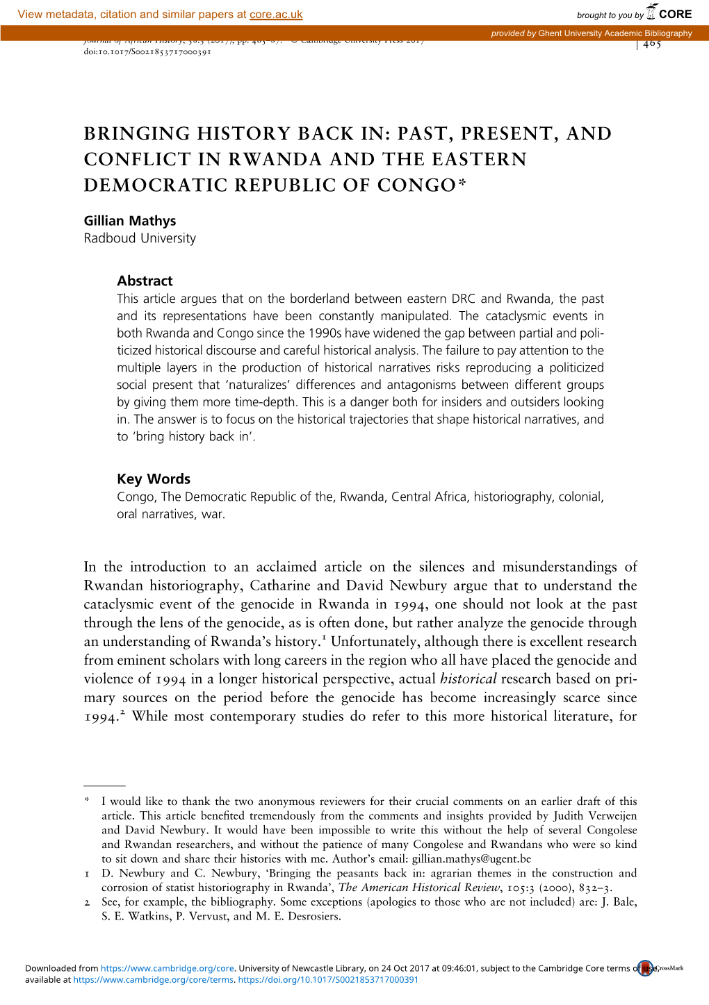 Past, Present, and Conflict in Rwanda and the Eastern Democratic Republic of Congo*