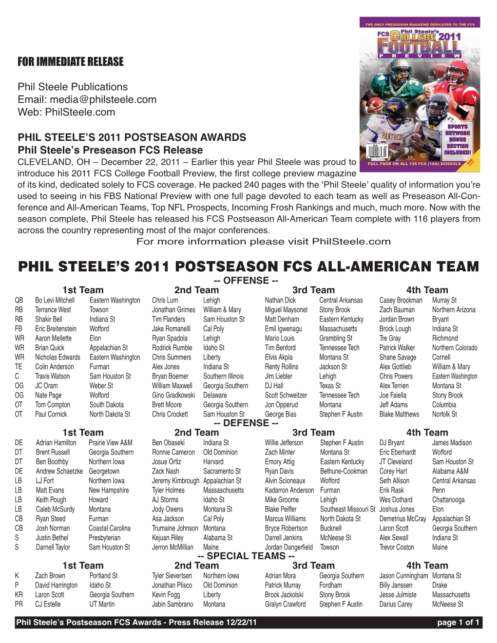 Phil Steele's 2011 Postseason Fcs All-American Team