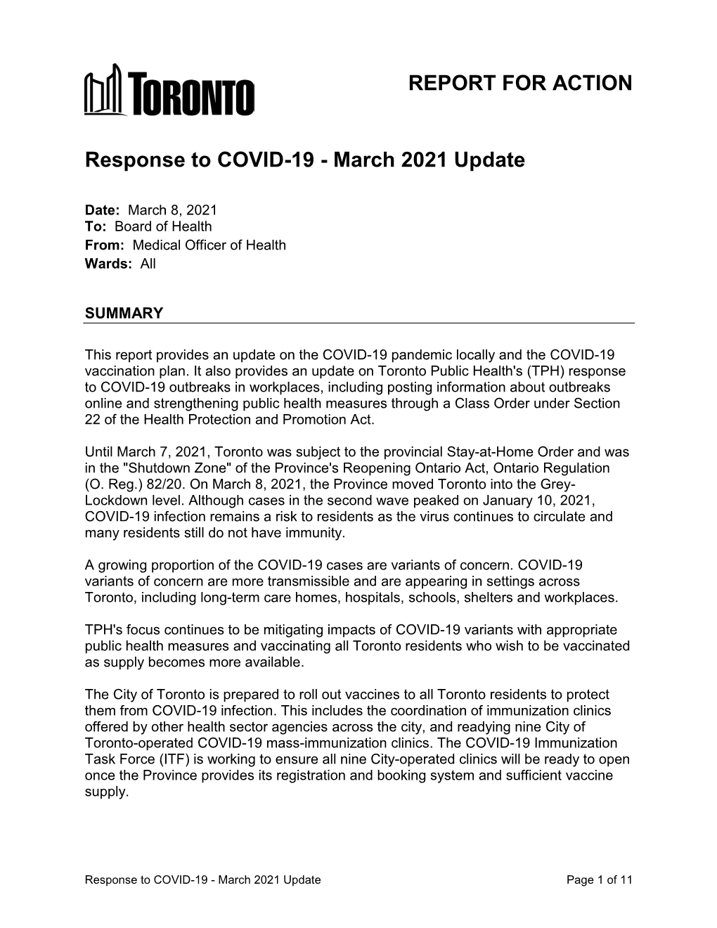 Response to COVID-19 - March 2021 Update