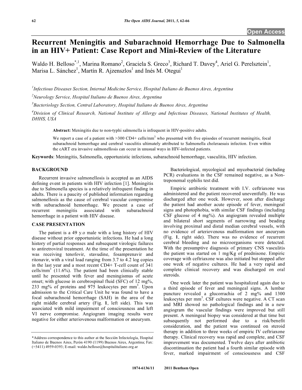 Recurrent Meningitis and Subarachnoid Hemorrhage Due to Salmonella in an HIV+ Patient: Case Report and Mini-Review of the Literature