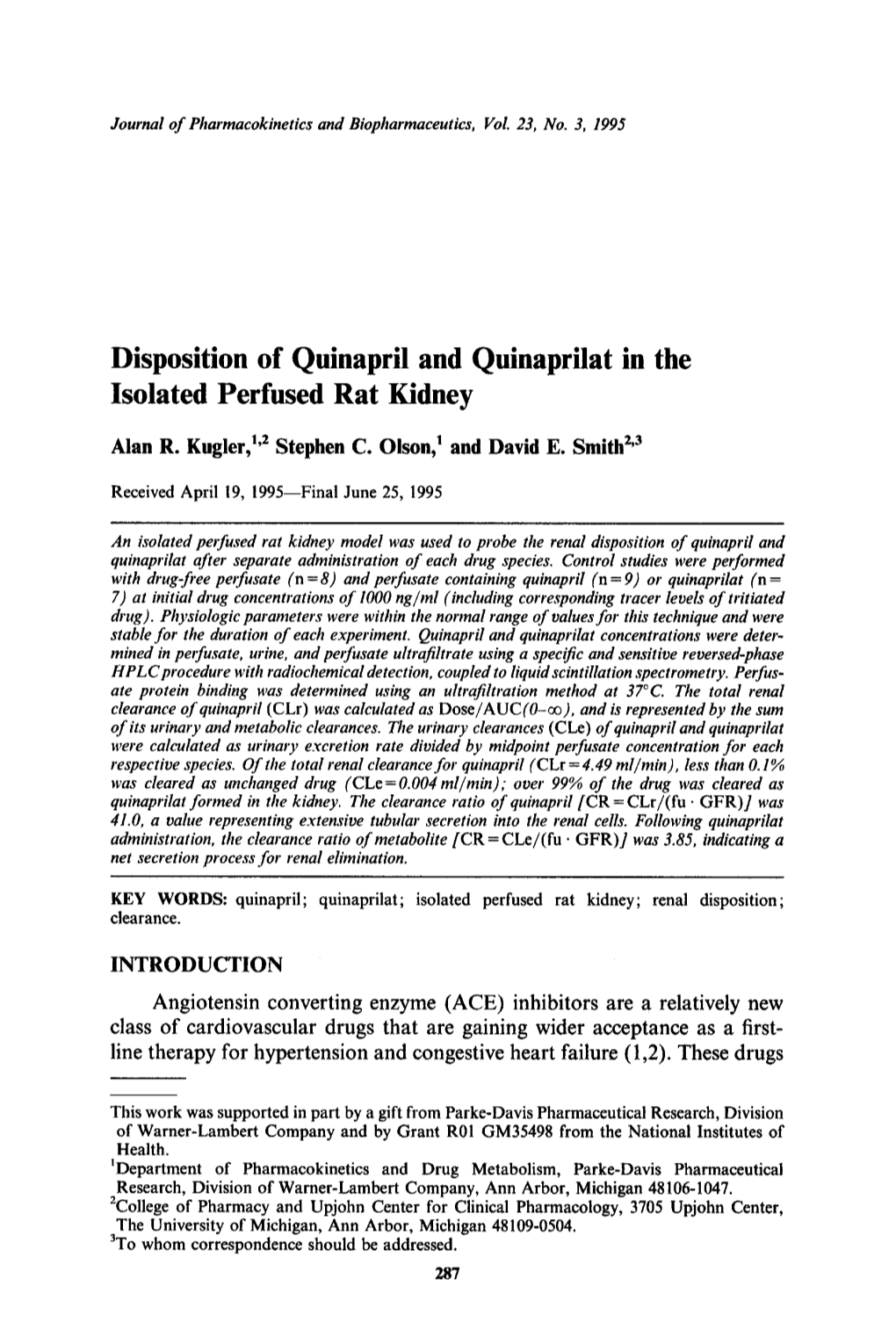 Disposition of Quinapril and Quinaprilat in the Isolated Perfused Rat Kidney