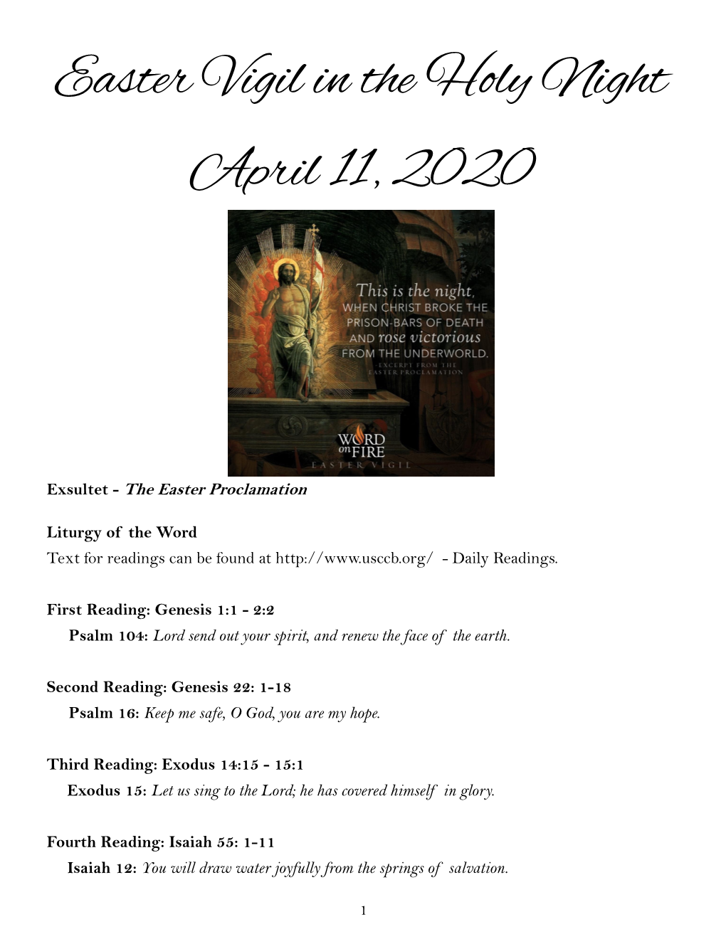 Easter Vigil in the Holy Night April 11, 2020