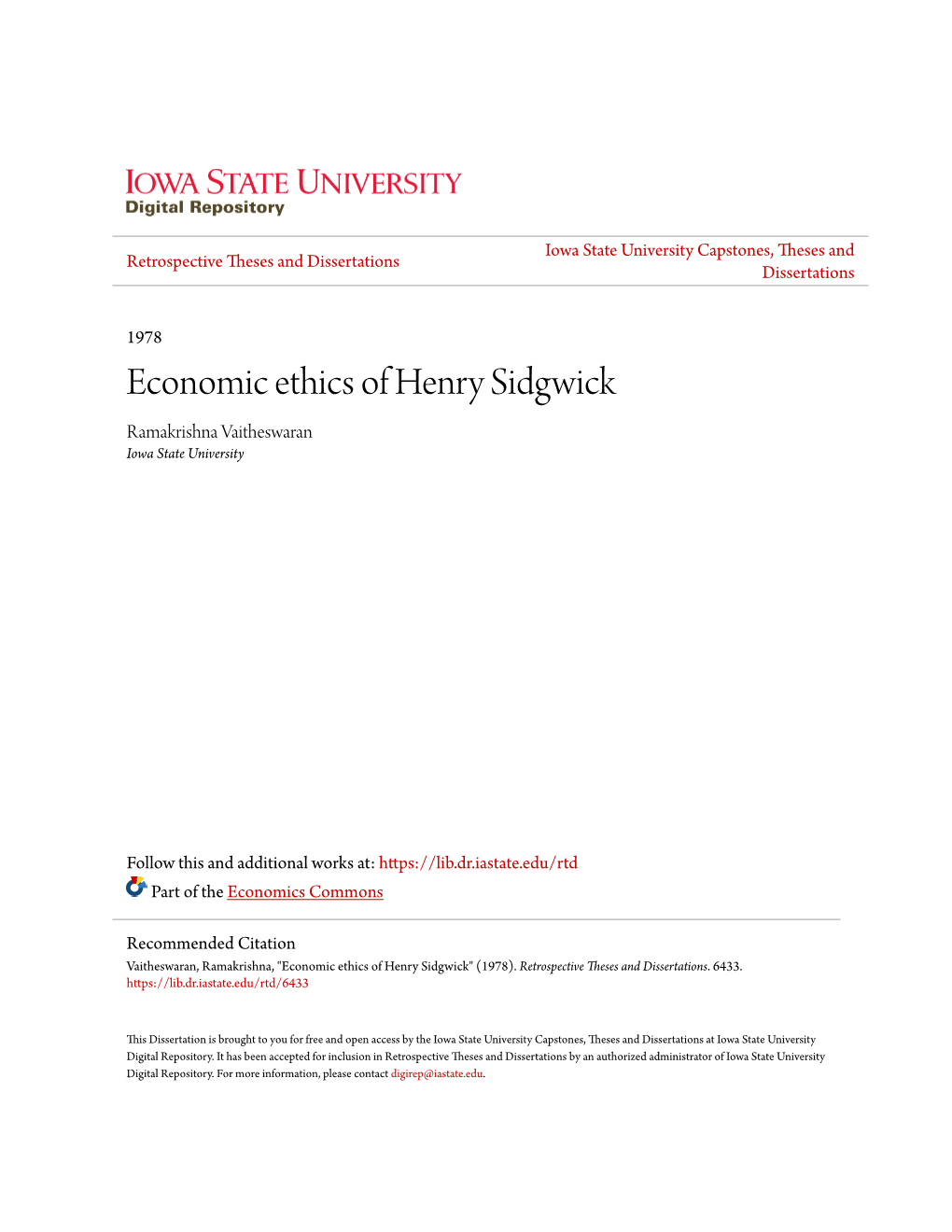 Economic Ethics of Henry Sidgwick Ramakrishna Vaitheswaran Iowa State University