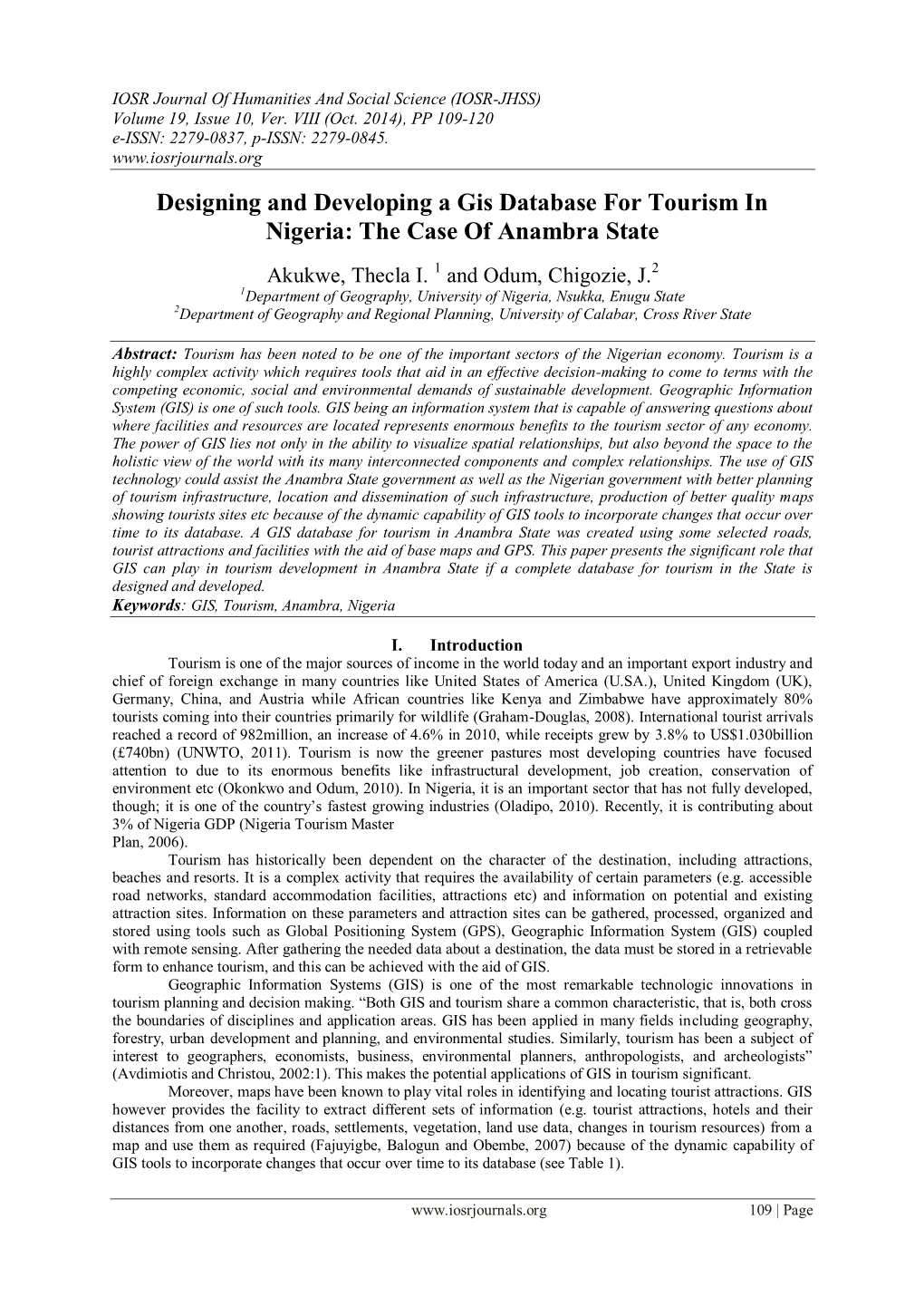Designing and Developing a Gis Database for Tourism in Nigeria: the Case of Anambra State