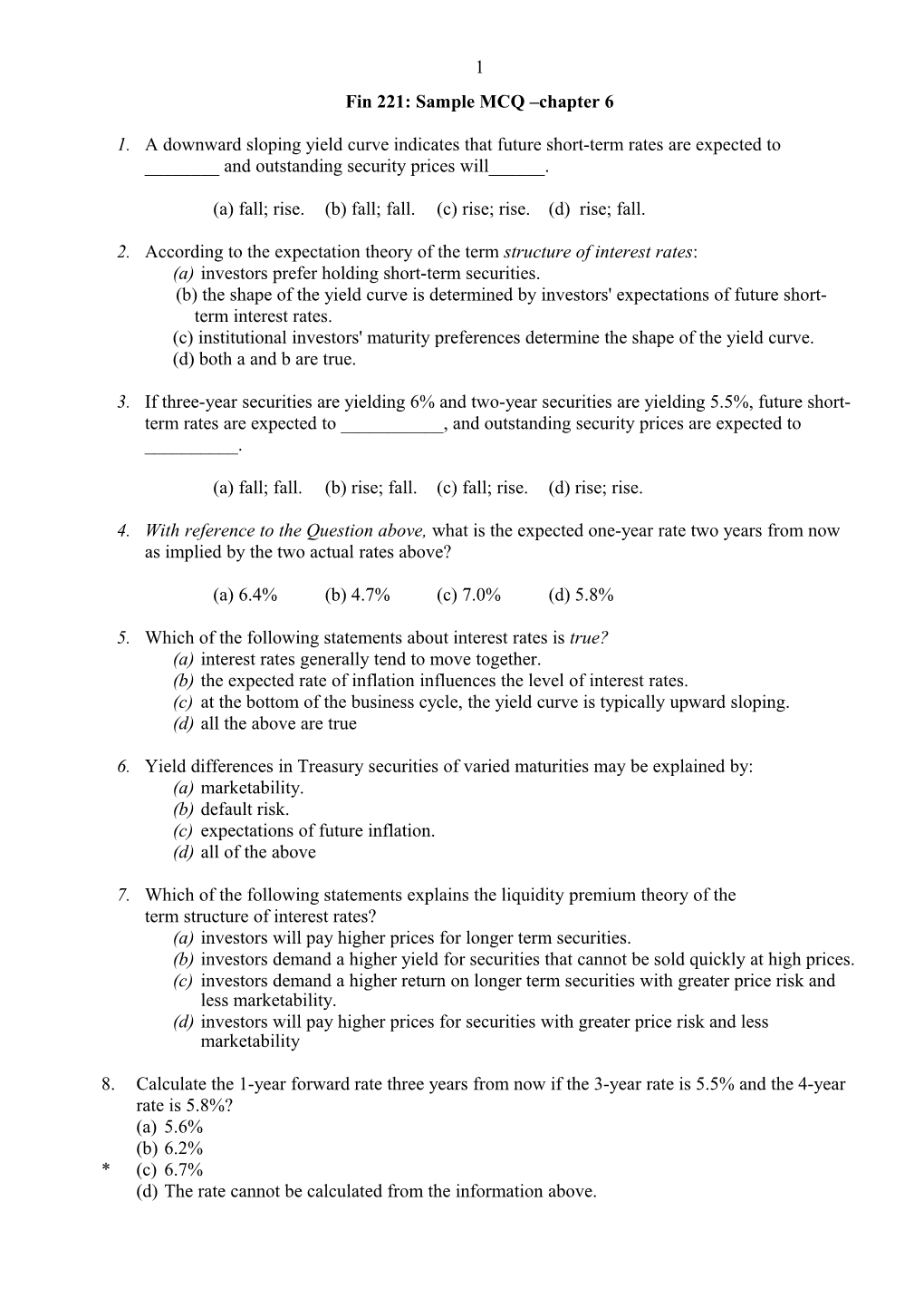 Fin 221: Sample MCQ Chapter 6
